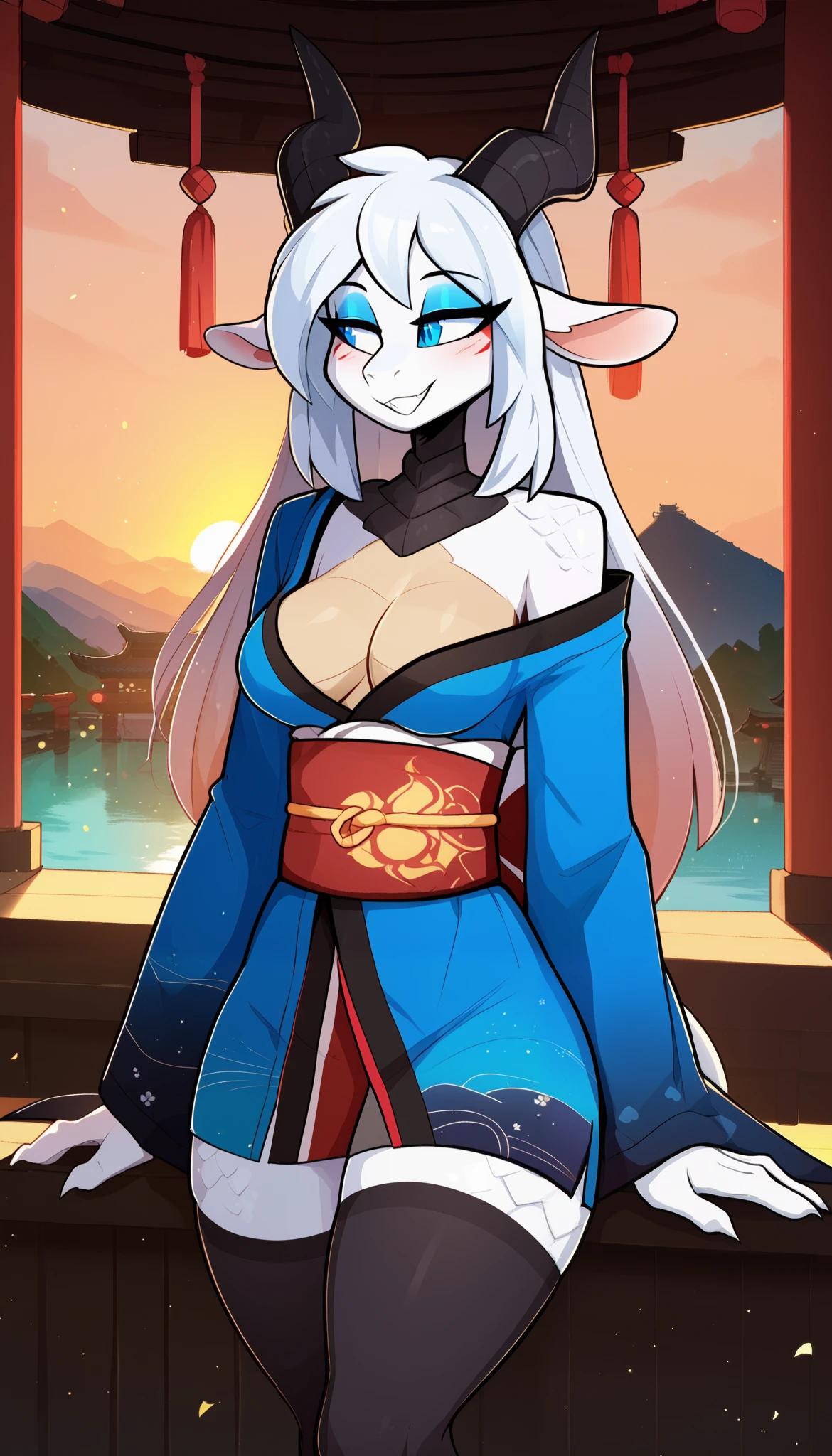 masterpiece, best quality, seductive expression, 1girl, anthro, white scales, white body, dragon girl, dragon ears, black horns, animal nose, eyes makeup, blue eyes, dragon tail, white hair, long hair, straight hair, half-closed eyes, medium breasts, thick thighs, hips, solo, (japanese temple), (sunset), detailed, (blue kimono, black stockings), cute grin, (kilinah), light particles, deep neckline, score_9, score_8_up, score_7_up, score_6_up, score_5_up, score_4_up