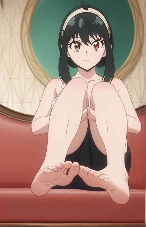 Score_9, score_8_up, source_anime, 1girl, Yor Forger, Spy x family, big eyes, alone, looking at viewer, in her room, sitting, cowboy shot, ANIME SCREENCAP, anime coloring, barefoot, perfect feet, anatomically correct, soles, focal length 35mm, each foot has five toes, front, symmetrical soles, foot focus, black skirt, white bra, shirtless, lifting legs to show her soles