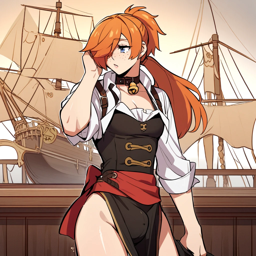 (beautiful femboy), femboy, feminine boy, feminine male, small bulge, fake chest, large chest, alone, pirate, orange hair, freckles, ponytail, collar with bell, ship background, shoulder straps, confident, sexy, bangs covering right eye,