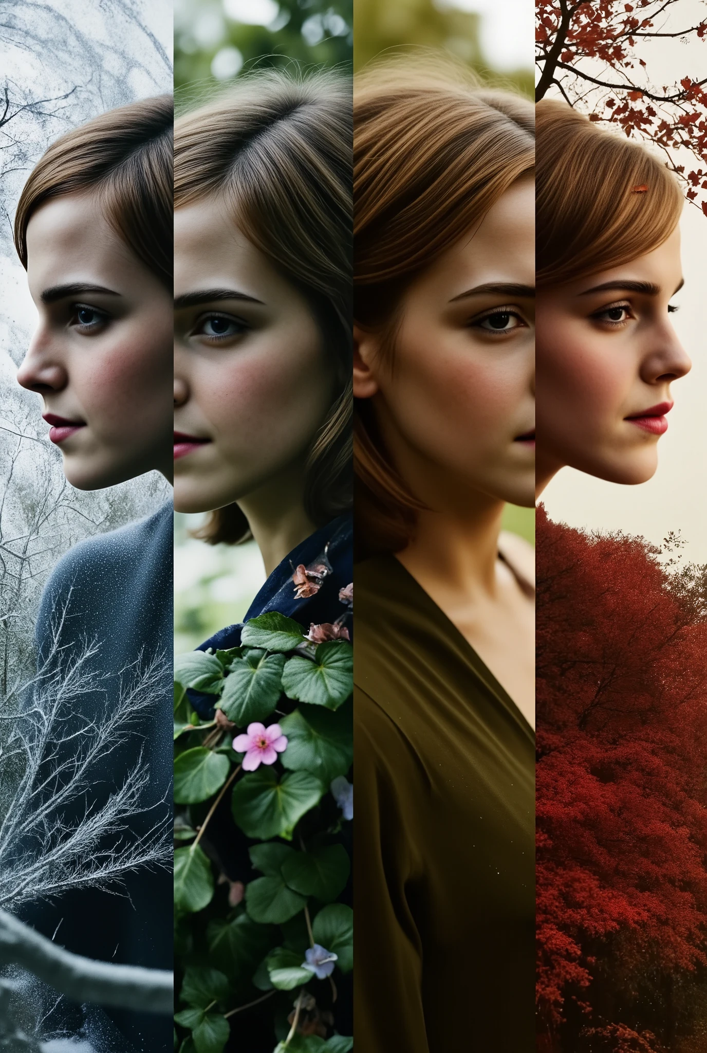 Hyper-realistic glitchcore surrealism: four razor-sharp vertical splits depicting seasons. cell one: Frosty crystalline winter, cell two: delicate pastel spring blossoms, cell three: lush verdant summer foliage, cell four: fiery autumn leaves. four double-exposed close-up silhouettes of Emma Watson blending in with the seasons. Two profile pictures looking left with the first two seasons.  Two profile pictures looking right with the last two seasons.  Ultra-high-resolution grain texture. Moody chiaroscuro lighting. Time's relentless march personified.
