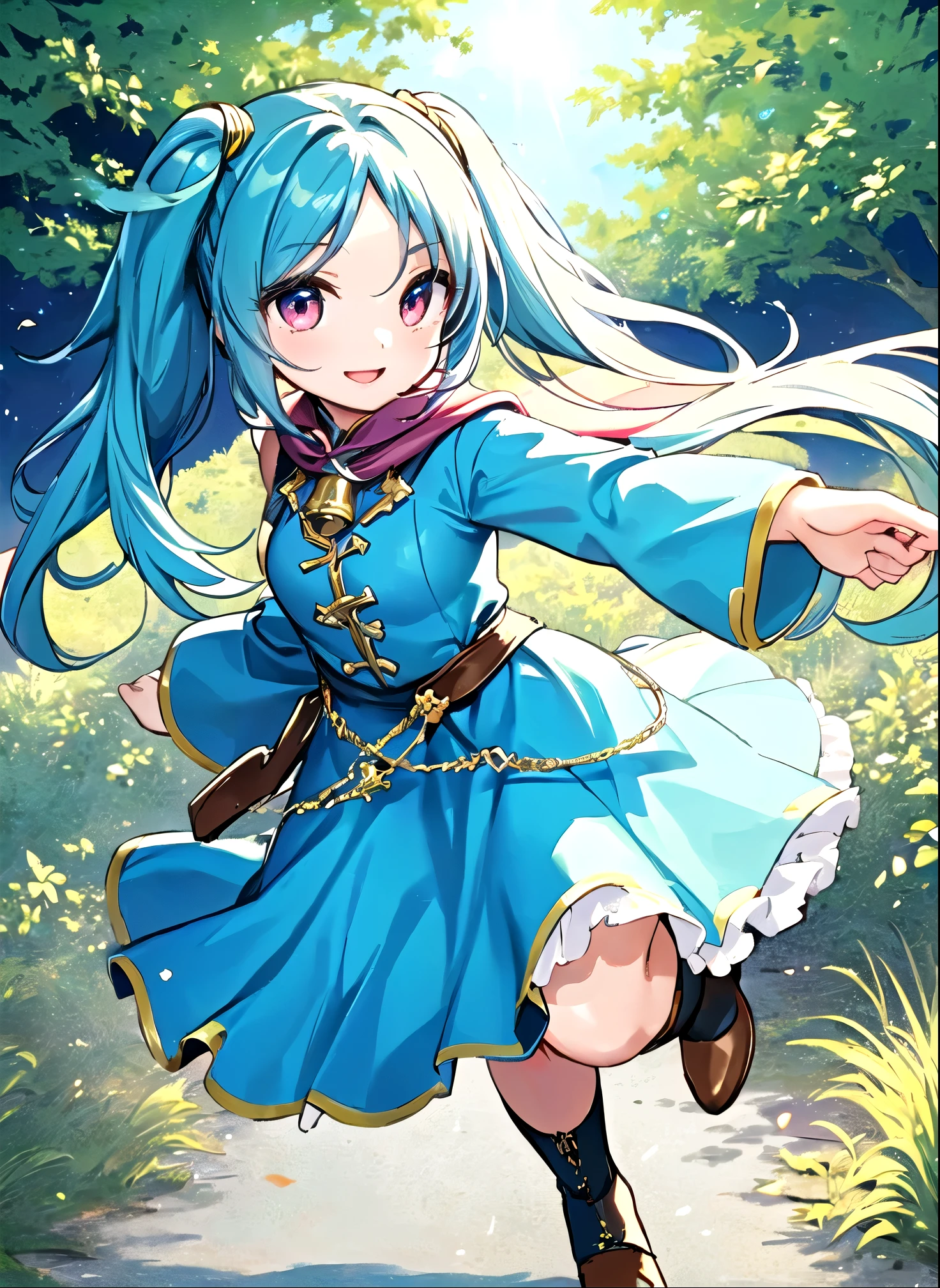 The main character of the Final Fantasy game、Running through a bright forest、 splash art 、 Masterpiece , 1 girl,  light blue long hair playing a handbell、 Beautiful Girl with Twin Tails 、Battle costume 、smile