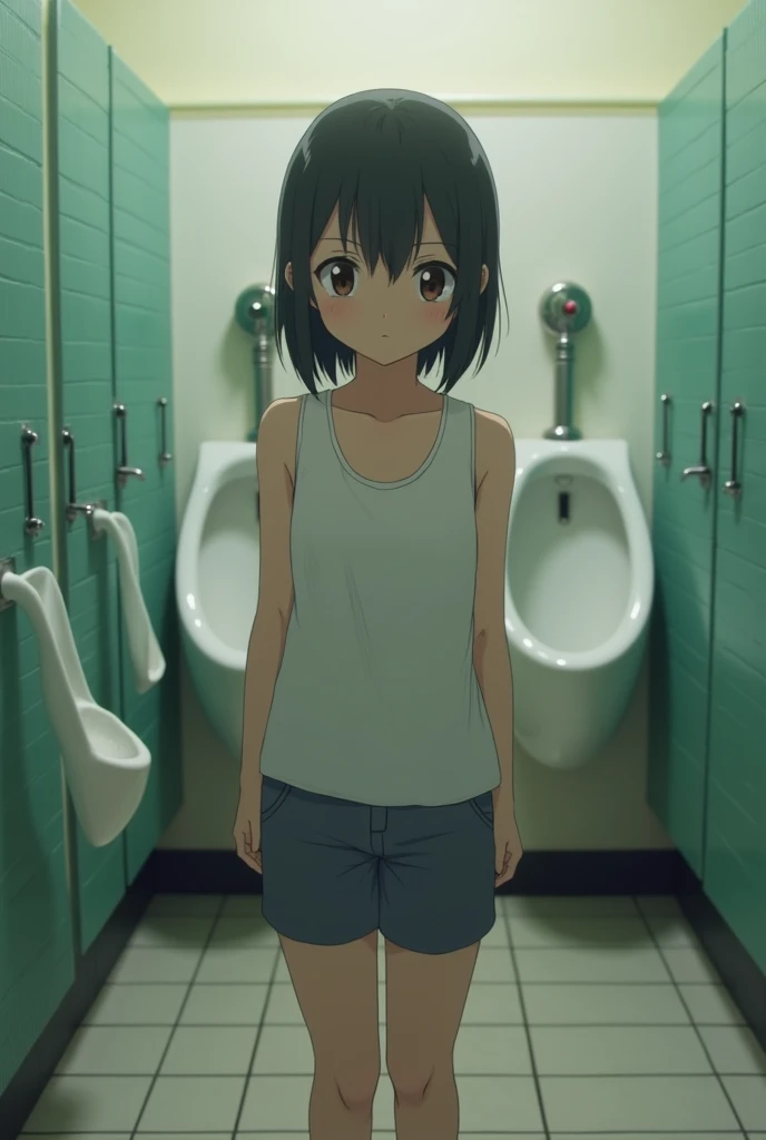A cute little girl from anime, fair skinned, short black hair, blue eye, wearing a white T-shirt and blue jean shorts, she is washing her hands in front of a sink