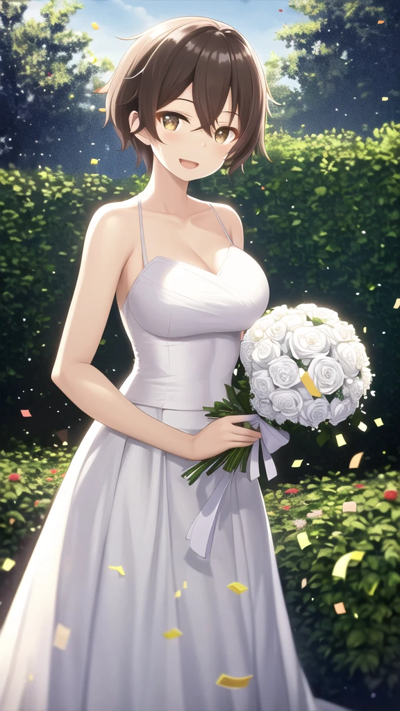 masterpiece, best quality, high quality, girl, solo, looking at viewer, mizuto_irido, brown eyes, brown hair, hair between eyes, large breasts, wedding Dress, standing, garden, confetti, holding bouquet, smile, open mouth,