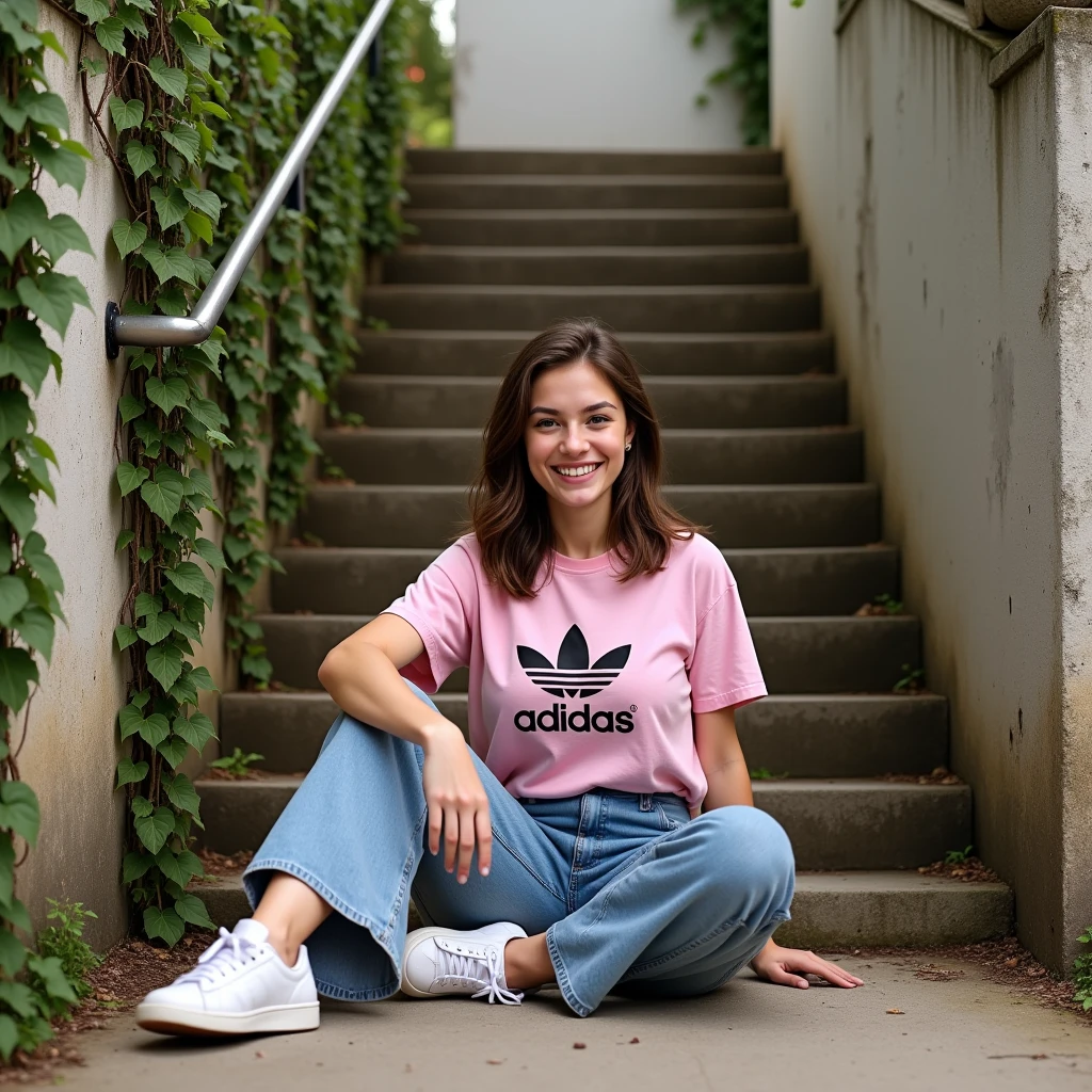 Isabella, 22 years old, with brown hair and white skin,  Isabella sitting on the floor posing in classic white Adidas sneakers ,  she is wearing wide jeans and a pink t-shirt with the Adidas logo in white , She has her legs together and a relaxed pose ,Smile at the camera,  the photograph is taken from ground level ,  the stage is a moldy cement staircase with high cement walls on both sides covered with vines.