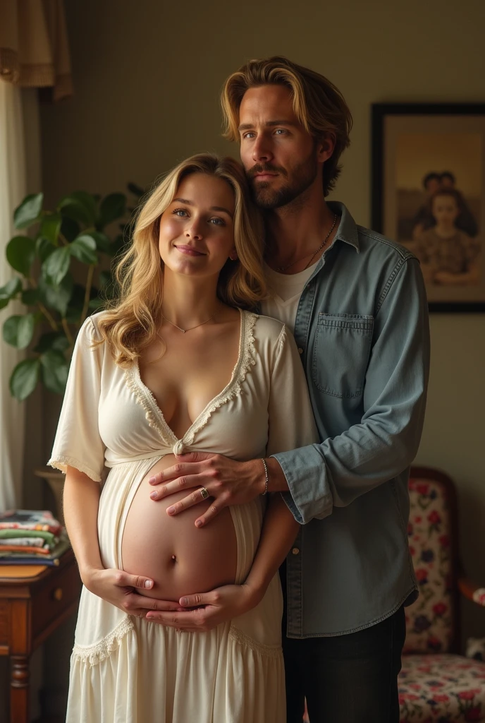 a pregnant beautiful blonde woman with light brown eyes, 25 years old, white skin, with a 50 year old man sitting in a wheelchair, they are in a room of a beautiful mansion, they are happy and smiling.