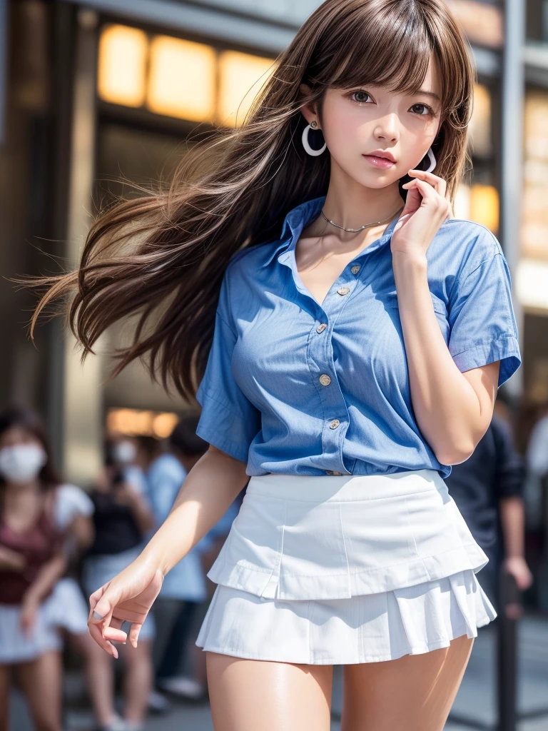 masterpiece, Highest quality, Maya Kumashiro, One girl, alone, chest, chestの谷間, Long Hair, White headband, Parted bangs, blue eyes, View your viewers, Sweat, large chest, Collared shirt, tie shirt, Pleated skirt, flashyな修正, Happy, flashy,Too many accessories, colorful , Kogal, Kogal gyaru, necklace, Earrings, bracelet, Good handbag, belly button, abdomen, (compensate)