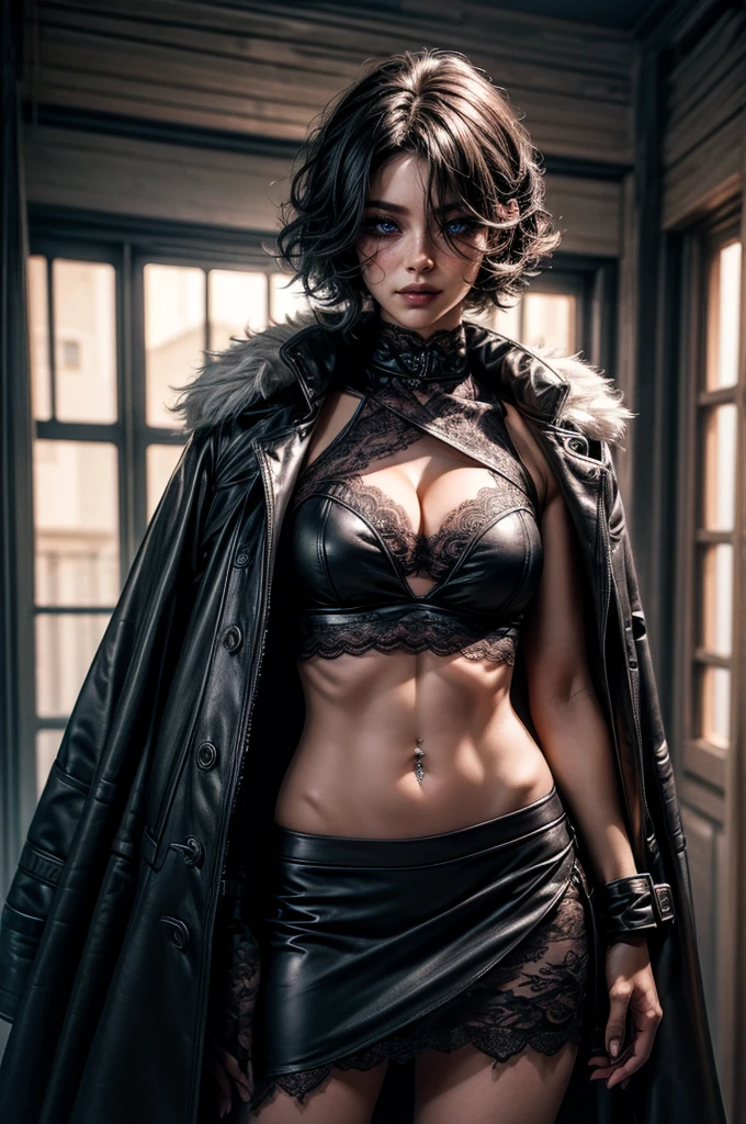 lora_Emma, a girl with short black curly hair, wearing a long multi-layer raffled asymmetric low-leg flared leather skirt, ((white lace top)), wearing open black long leather trench coat with fur cuffs and fur collar, long fingerless leather gloves, detailed facial features, bare belly, (navel piercing), cleavage, black nail polish, hair over one eye, beautiful eyes, cute expression, glamorous makeup, dramatic lighting, photorealistic, highly detailed, 1girl, beautiful detailed eyes, beautiful detailed lips, extremely detailed eyes and face, long eyelashes, high fashion, edgy, dark and moody, intense, cinematic, chiaroscuro lighting, cinematic composition, stunning, mesmerizing, sunlight, dynamic pose, cinematic lighting, photorealistic, 8k, high quality, digital painting, concept art, cowboy shot, standing inside empty home