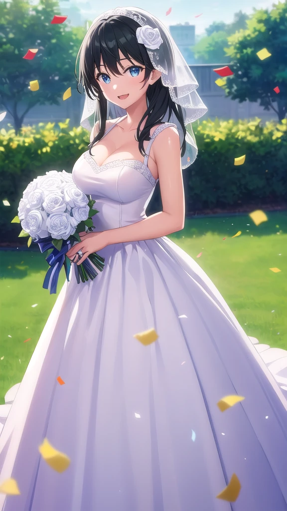 masterpiece, best quality, high quality, girl, solo, looking at viewer, masamune_makabe, black hair, blue eyes, large breasts, wedding Dress, standing, garden, confetti, holding bouquet, smile, open mouth,