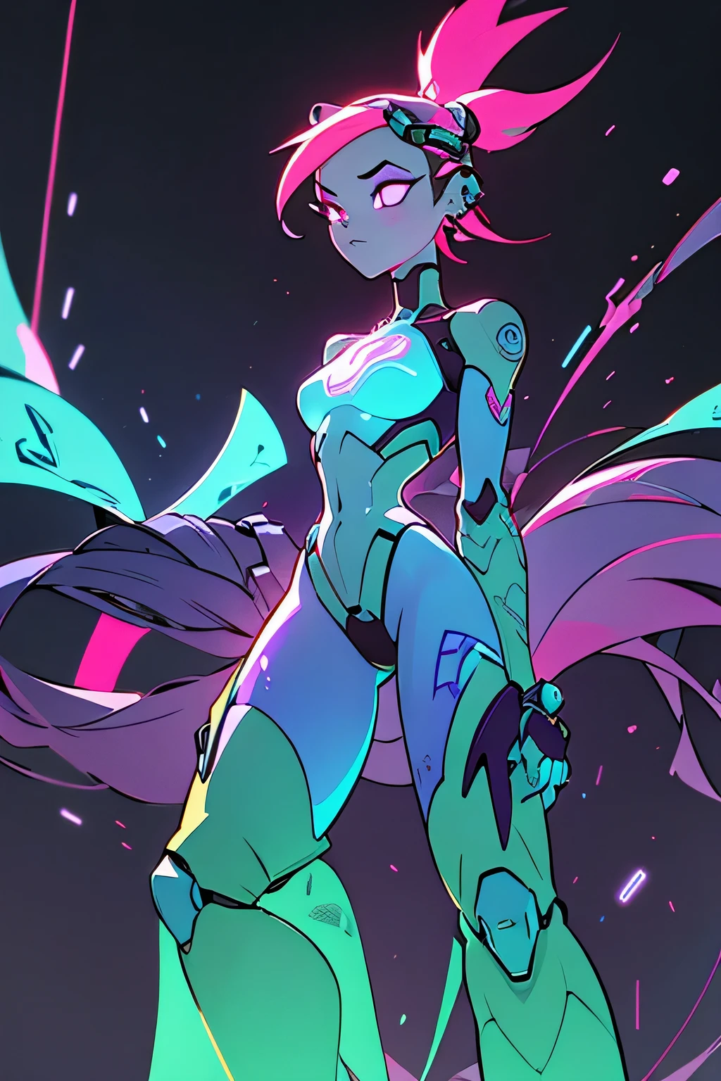 A futuristic android character shown from the waist up, blending neocyber and neotribal aesthetics. The android features biomechanical elements, with metallic plates covering parts of the torso and arms, while glowing tribal tattoos in neon colors (turquoise, pink, mint, and purple) run across the skin. The figure wears a holographic visor projecting fractal patterns, with circuit lines and tribal symbols floating in the air. The hair is made of cybernetic filaments disintegrating into streams of light. The background is minimalist, with a dark gradient to enhance the glowing neon details. The design is intricate, with realistic textures on the tattoos and metallic surfaces, making it ideal as a base for a tattoo design.