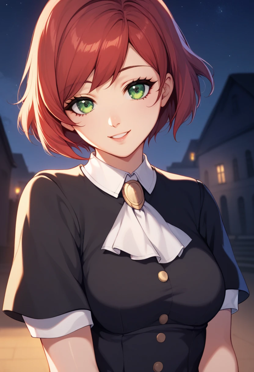 score_9, score_8_up, score_8, medium breasts, (curvy), cute, eyelashes,       ,,, , zzChiaia, 1girl, solo, red hair, short hair, green eyes, black dress, school uniform, ascot, BREAK, ,,, upper body, smile, looking at viewer, ,,, shiny skin, night, soft shadows, moonlight reflecting off skin, whisper of wind, ,,, embedding:zPDXL, Expressiveh, 