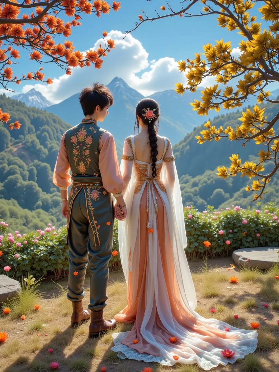 The green mountains ， also resonates ， Love descends when the flowers first bloom， We are lovers for the rest of our lives ， We have unbridled passion in the western region ， and a solemn and elegant person who never lost their marriage ， The back image of a couple ， in a photo book in Xinjiang ，Dress casually，Hyper-Reality，whole body，Beautiful atmosphere，Natural movements，back-shadow lens