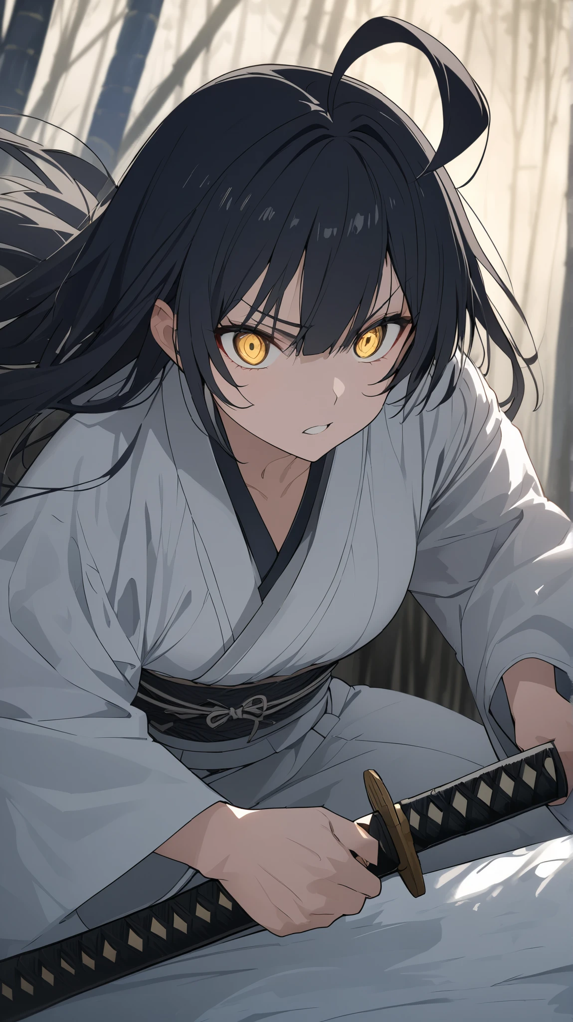  picture of a female samurai with a sword removed from the scabbard ,  8k Ultra HD ,  soft lighting,  High Quality ,  film grain ,   Fujifilm XT3、最 High Quality , masterpiece,  high definition ,  Samurai Girl,  I have a Japanese knife,  beautiful posture,Moonlit Night,bamboo forest,chest,  1 girl,  high definition ,  shortcuts,Tall、Handsome beauty 、samurai、 Japanese Knife 、 adult woman、A beautiful woman in men&#39;s clothing、Alone, Woman in her early 20s、 is cool、Mature atmosphere、 turning your gaze ,  illustration ,  tall adult woman who flips through Kimono、Medium to medium height ,Japanese Sword 、There is murderous intent.,The number of fingers is accurate (5 bottles),Japanese longsword, on all fours,Iaido, Iai Kari,Close up,  Long Sleeve ,The length of the blade of the sword holding the hand ,No hands ,I don&#39;t draw hands,Black Scabbard,Put one knee on the ground, textured skin ,  spreads legs, Sarashi wrapped inside kimono,underwear( sarashi),白い kimono, I have multiple swords in my sleeve, long hair,  black hair, Ahoge,High concentration ,Serious personality, golden eyes, Breathing through the mouth ,Contemptuous eyes, Contempt/Angry Gaze, Crazy Eyes, Battle Mode,1 thick, long Ahoge, split bangs,Golden Eyes,Shiny black hair , with smooth black hair , Ahoge is standing ,  jacket on one side only( kimono)Taking off,chest cleavage