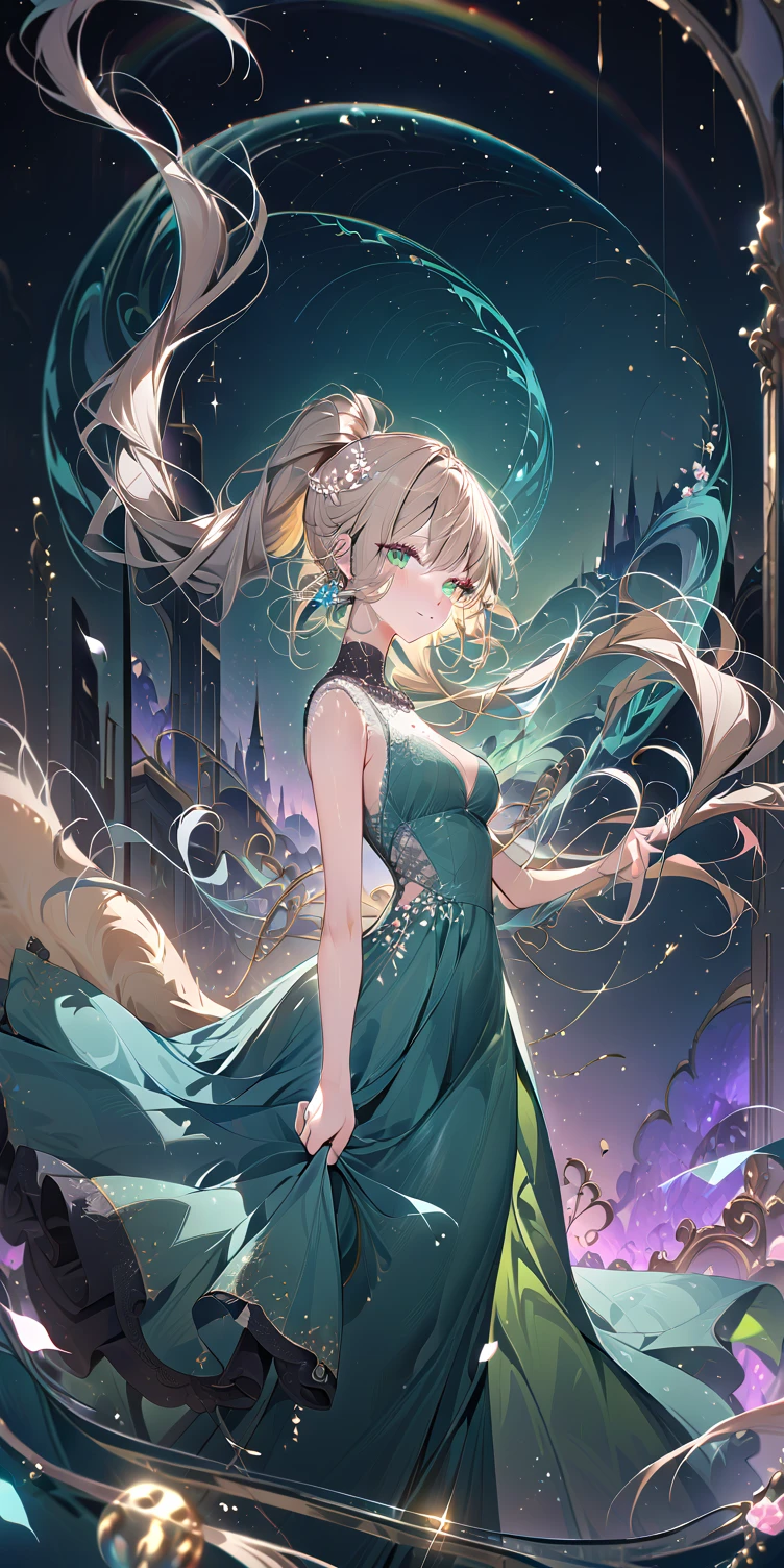 1girl, Rose gold blonde hair, absurdly long wavy hair ponytail, emerald green eyes, fox tail, small mouth, slender body, large breast, lace long dress, ribbons swaying, white background, blooming pale pink flowers, petals dancing in the wind, transparent water surface reflecting the flower colors, soft light enveloping the scene, dreamlike atmosphere, contrapposto, gentle smile, look at viewer, soft focus, lens flare, masterpiece, best quality, pastel tones, lace details, ultra-detailed texture, perfect composition, high resolution, sharp focus, delicate brushwork, Vector Art, 2D flat, sleek design, AddXL, Dream Scenery, deep dark tones, vibrant accents, lace-patterned details, simple shapes, flat colors, additional XL elements, and a dreamy, fantastical scenery, 