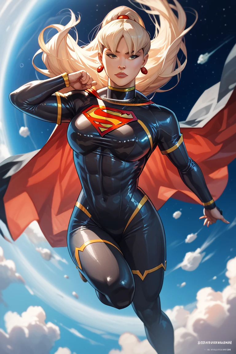 The female version of the character Superman, perfect costume, long red cape, smooth curves, extremely beautiful blue eyes, perfect long blond hair, beautiful planets in background