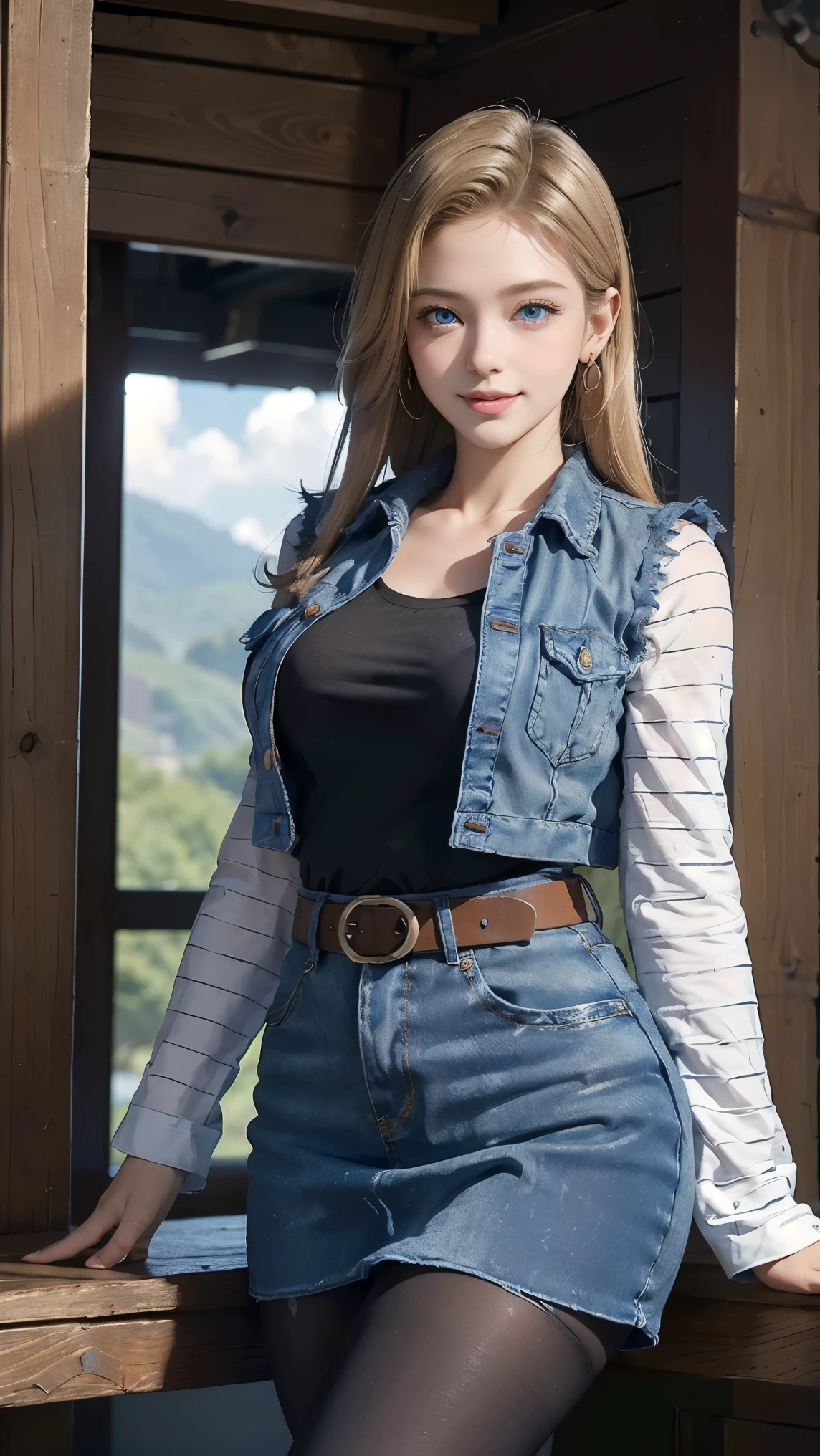 Android 18,(best qualityer,4K,8k,high resolution,work of art:1.2)(weather: cloudy), Mondstadt forest background, mountain road, freckles, black top, striped sleeves, denim vest, denim skirt, pantyhose, brown boots, belt, earrings, belt, short straight hair, blonde hair, ultra detailed, realistic,portraite,beautiful detailed blue eyes, glowing eyes,blush,beautiful detailed lips,extremely detailed eye and face, long eyelashes,sexly,average, large breasts,beaming smile, sexy smile,powerful girl, flirty pose, stunning curves,bright coloured,dramatic lighting, wide hips, thick thighs,