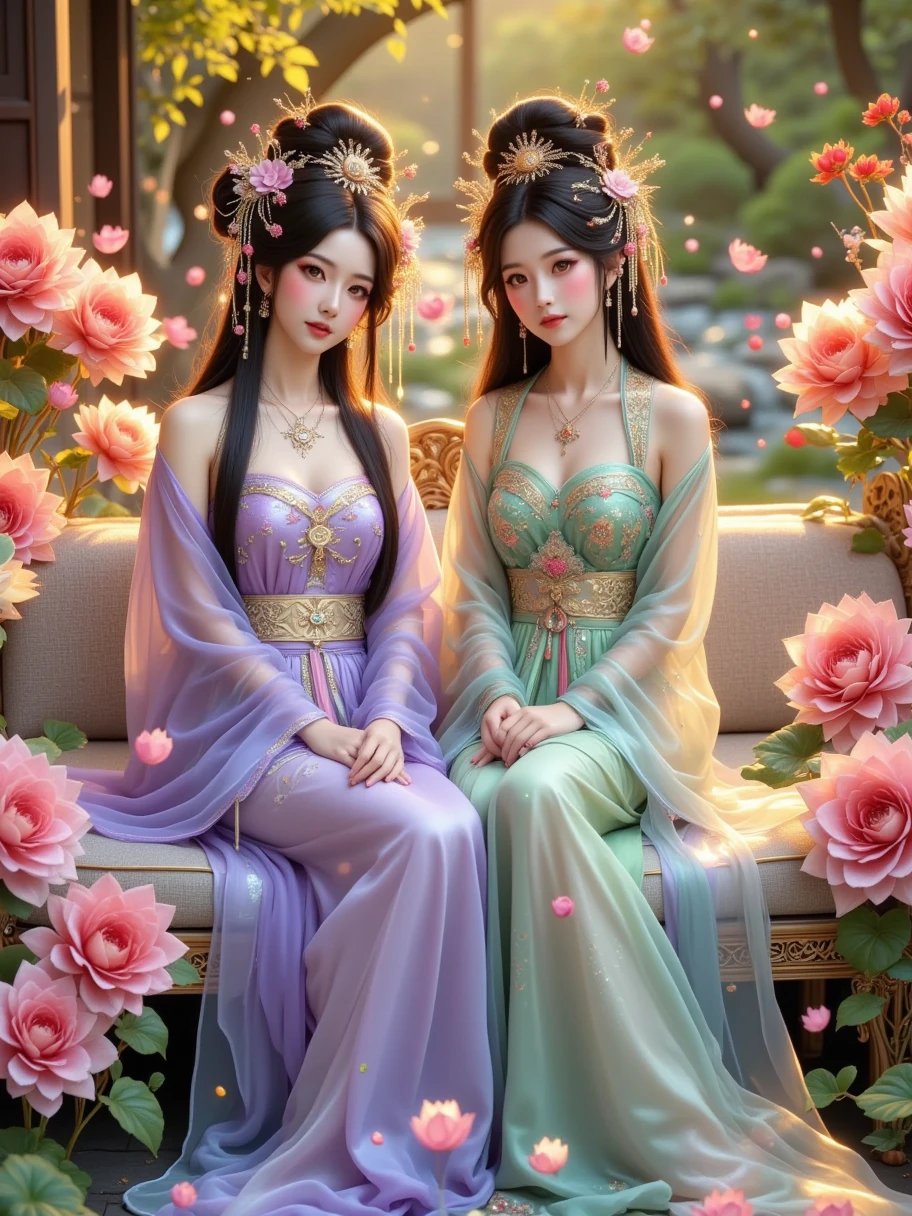 Realistic image of 2 Chinese princesses, straight, long-haired women wearing Chinese dresses, big breasts, hanfu, luxurious long shoulders, ((Pintong gold flower metal hair ornaments ))  with high hair, in a palace with flowers, looking at the camera, holding a long white cloth, a large amount of fabric, flickering, windblown leaflets, the first person sitting on a luxurious chair, the first to wear A light purple dress The second wore a light green dress. Both looked at the camera