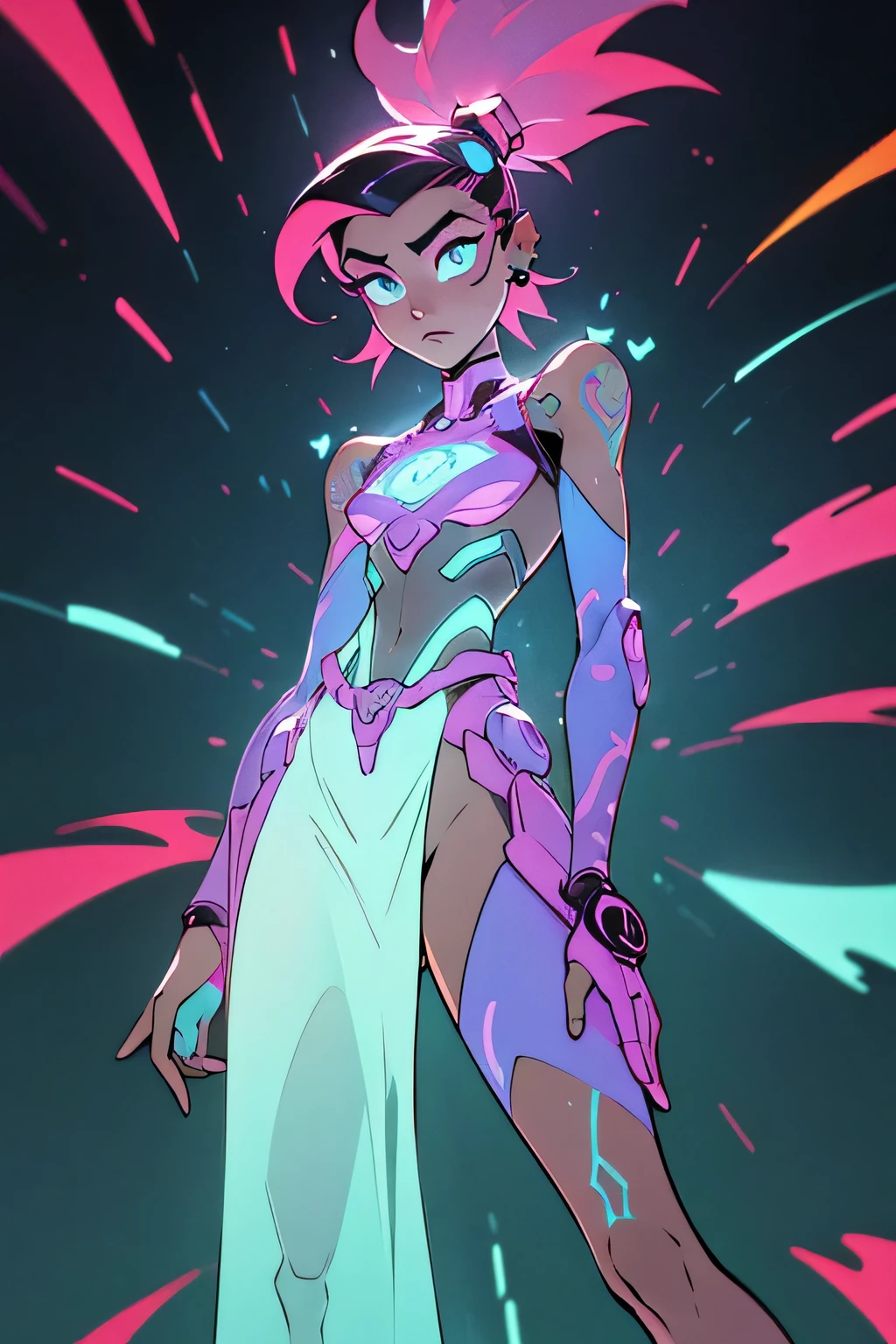 A futuristic android character shown from the waist up, blending neocyber and neotribal aesthetics. The character has biomechanical features with metallic plates on the torso and arms, while glowing tribal tattoos in neon colors (turquoise, pink, mint, and purple) accentuate the skin. One hand is raised near the face, with the fingers lightly touching or interacting with the holographic visor or the face itself, adding a sense of movement. The hair is long, flowing, and wraps around the face slightly, creating a dynamic, enveloping look. The figure's visor projects fractal patterns and tribal symbols in the air, while the hair disintegrates into streams of light. The background is dark and minimalist, focusing on the glowing details of the tattoos and the holograms. The design should feel intricate with realistic textures on the tattoos and metallic surfaces, ideal for a tattoo base."

