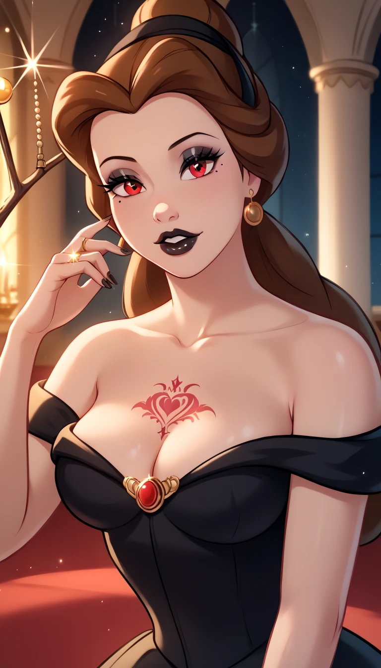 masterpiece, highest quality, highest resolution, distinct_image, detailed details) , 1 girl , 20's , young person , ( large breasts and large hips ), (attractive body, attractive face and attractive expressions and attractive eyes and attractive lips ) , ( soft hair and soft skin ) , one black mole on left eye , soft lips , black eyeshadow , black makeup , red eyes , brown hair, black lips , black fingernails , attractive women , attractive girl , big bright eyes , gold ring , ring , on Victorian castle , Disney  , belle  , attractive Victorian black dress , cleavage  , opening center , off shoulders , satanic curse tattoo temporarily on left breast , magical veins on breast , dystopian vibe , holding witch stick by right hand ,