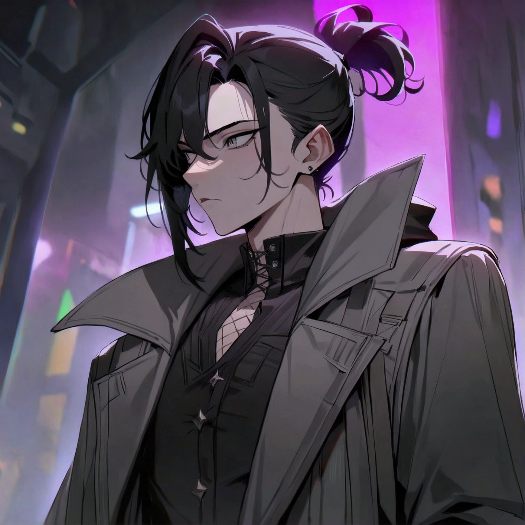 masterpiece, newest, absurdres, safe, high detailed, masterpiece. high detailed, male, relaxed, sci-fi goth, goth male, cool. Grey coat, Large coat, grey open coat, goth clothing, black Buttoned shirt. elegant, crow male. cyberpunk, Goth cyberpunk. Black hair in a ponytail, short ponytail. Silver eyes with Purple, Male, Nonchalant, Beautiful, Upperbody