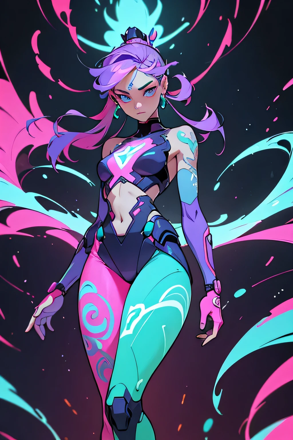 A futuristic android character shown from the waist up, blending neocyber and neotribal aesthetics. The character has biomechanical features with metallic plates on the torso and arms, while glowing tribal tattoos in neon colors (turquoise, pink, mint, and purple) accentuate the skin. One hand is raised near the face, with the fingers lightly touching or interacting with the holographic visor or the face itself, adding a sense of movement. The hair is long, flowing, and wraps around the face slightly, creating a dynamic, enveloping look. The figure's visor projects fractal patterns and tribal symbols in the air, while the hair disintegrates into streams of light. The background is dark and minimalist, focusing on the glowing details of the tattoos and the holograms. The design should feel intricate with realistic textures on the tattoos and metallic surfaces, ideal for a tattoo base."

