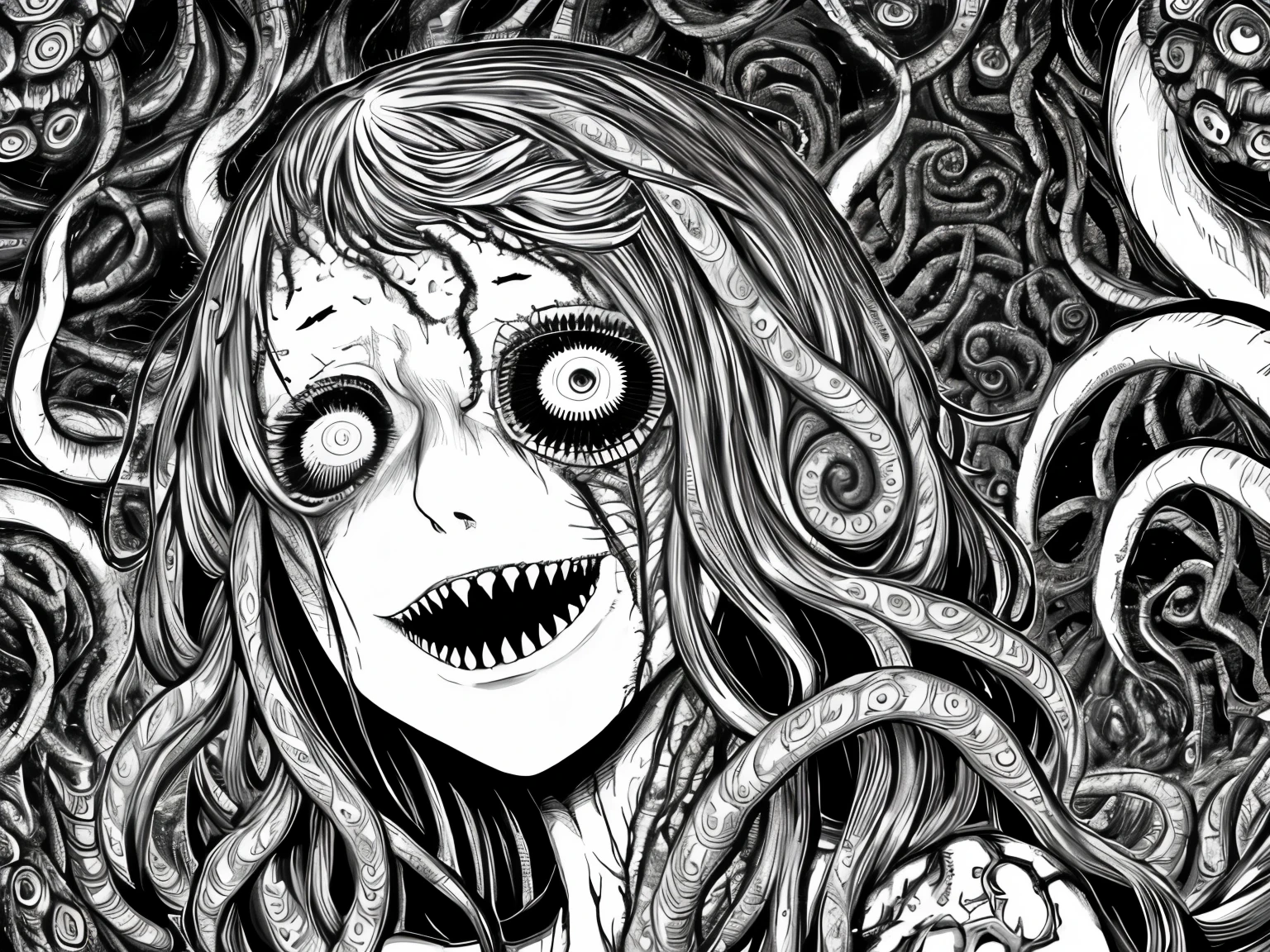 black and white horror illustration, detailed portrait of a young woman, manga style, Junji Ito inspired, extreme detail, high contrast, precise linework, pale skin, hollow sunken cheeks, detailed abnormal eyes with dark circles, distorted wide smile, twisted body horror, spiral patterns, grotesque tendrils, intricate textures, detailed line art, sharp shadows, no color, anatomical distortion, psychological horror, dark atmosphere, Japanese horror manga, hyperdetailed ink illustration, twisted flesh, body transformation, spiral obsession, cosmic horror elements, detailed background, studio quality, award winning illustration, masterpiece