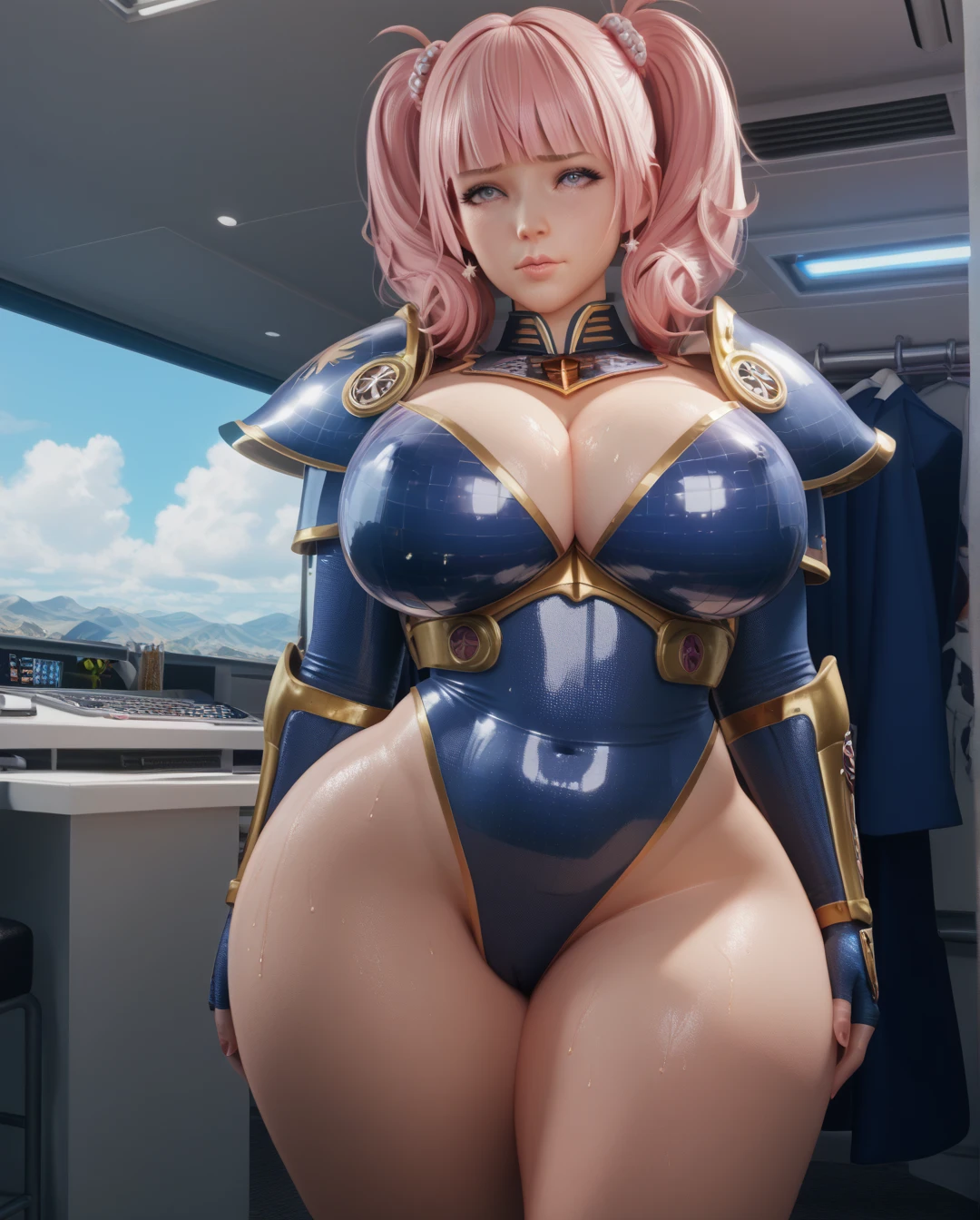 Top image quality、​masterpiece, masterpiece, top-quality, POV, Detailed female genitalia. exposed boob. Big breast. Spread legs. Upper body standing. ((pink Mini heart pasties)). Pants that dig into the female genitalia. Erect nipples. Thong panty, ((get blush)), (black-red lingerie panties)