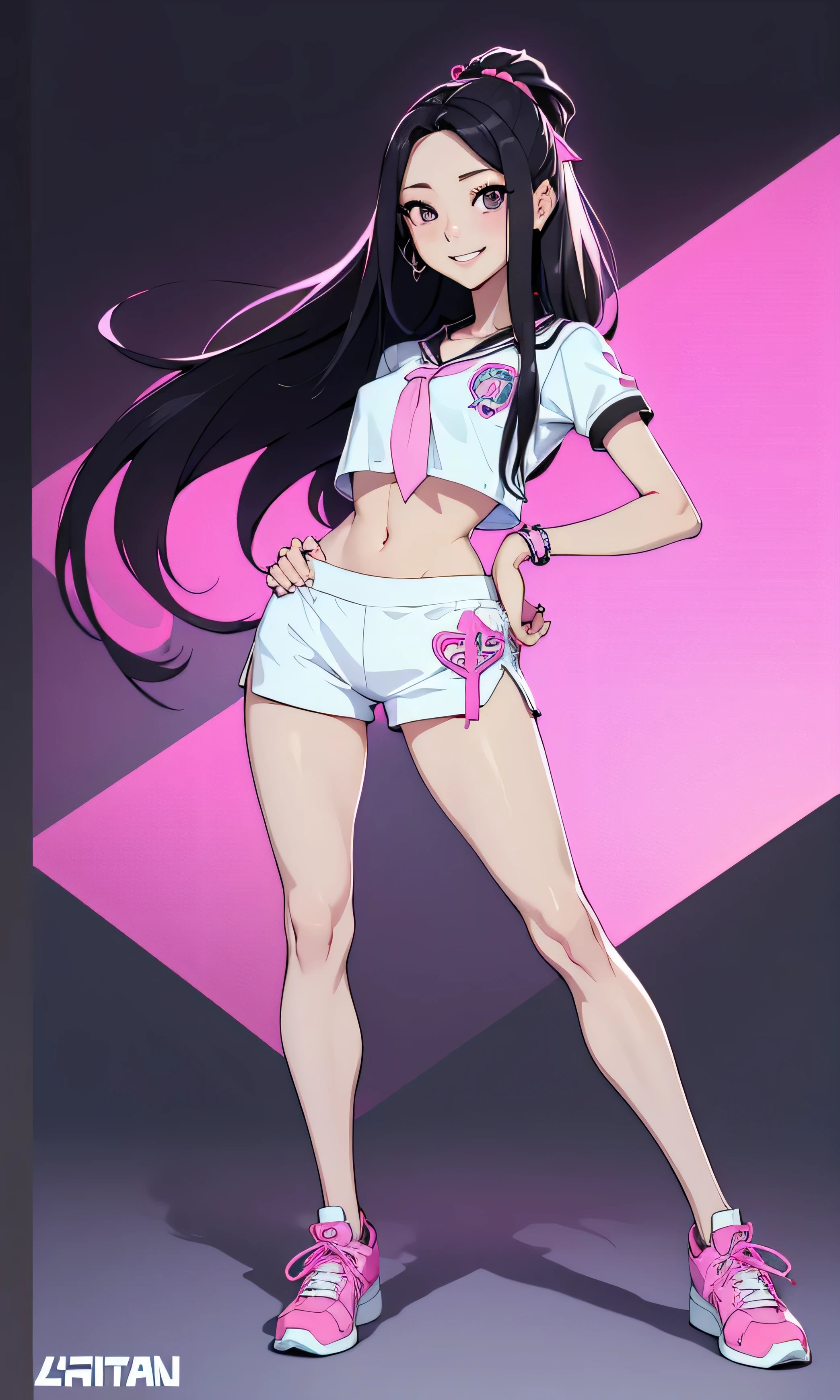  masterpiece,  a teenage girl , Yuna de Itzy, slim, beautiful,  Korean, Kpop,  long hair ,  black cabello,  black eyes, cuerpo entero, standing, flat stomach,  cute legs,  white skin , short color azul, pink top with logo, ties, Tender Pose, smile,  Shoes, at night,  dark background, low light,