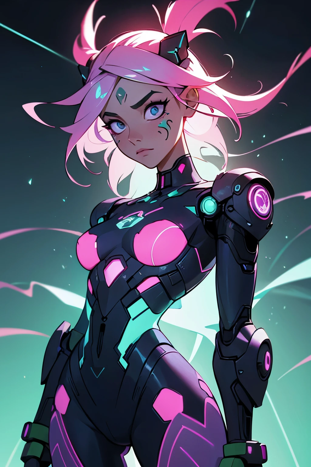 A futuristic android character shown from the waist up, blending neocyber and neotribal aesthetics. The character has biomechanical features with metallic plates on the torso and arms, while glowing tribal tattoos in neon colors (turquoise, pink, mint, and purple) accentuate the skin. One hand is raised near the face, with the fingers lightly touching or interacting with the holographic visor or the face itself, adding a sense of movement. The hair is long, flowing, and wraps around the face slightly, creating a dynamic, enveloping look. The figure's visor projects fractal patterns and tribal symbols in the air, while the hair disintegrates into streams of light. The background is dark and minimalist, focusing on the glowing details of the tattoos and the holograms. The design should feel intricate with realistic textures on the tattoos and metallic surfaces, ideal for a tattoo base."

