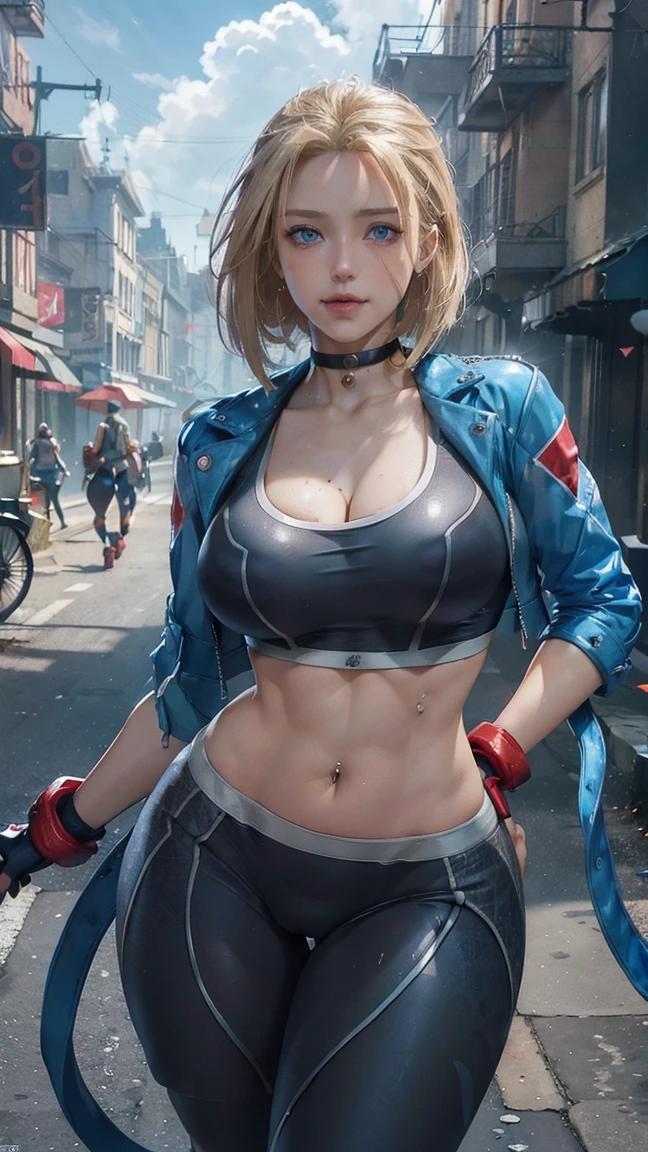 Cammy white,(best qualityer,4K,8k,high resolution,work of art:1.2)(weather: cloudy), Mondstadt streets background, street fight, freckles, sports bra, short sleeve cropped jacket, uncovered belly, tight leggings, red gloves, red boots, cheek scar, short straight hair, blonde hair, ultra detailed, realistic,portraite,beautiful detailed blue eyes, glowing eyes,blush,beautiful detailed lips,extremely detailed eye and face, long eyelashes,sexly,average, large breasts,beaming smile, sexy smile,powerful girl, flirty pose, stunning curves,bright coloured,dramatic lighting, wide hips, thick thighs,