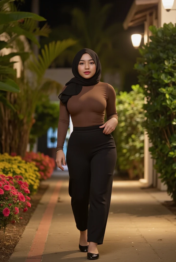 A beautiful Indonesian woman, wearing a tight longsleeve t-shirt, and wearin long coulotte pants, wearing a chiffon hijab, and wearing flat shoes, walking on the sidewalk at night. under garden lights, decorated with colorful flowers. lower wide angle shot. 4k, super high quality, detailed face,