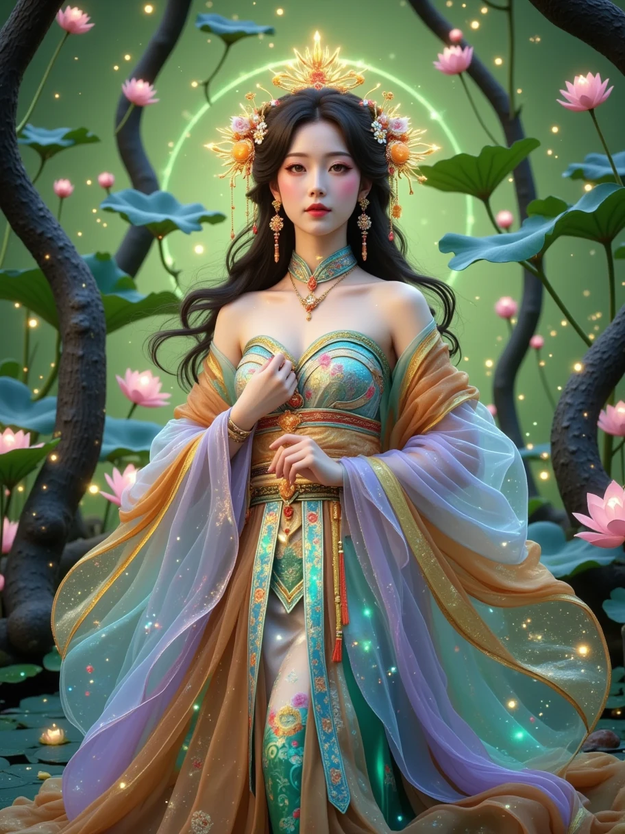 best quality, masterpiece, particles, masterpiece, best quality, 8K, official art, ultra high res, from below, motion blur, film, bokeh, professional, A Hanfu beauty, the Neon Lotus Fairy, dances within a forest of cyber-jade trees, her presence a delicate ballet of light and color amidst the verdant, glowing foliage. Her Hanfu is a gown that captures the serene beauty of a lotus flower with the electrifying energy of neon lights. The fabric is a delicate weave of jade and neon threads, with lotus motifs that seem to bloom and glow with an inner light, a visual representation of the forest's bioluminescent splendor. Her hair, a cascade of lotus-hued locks, is adorned with a headdress that combines the traditional lotus flower crown with the radiant glow of neon petals, a crown that captures the essence of the forest's magical beauty. She is a vision of such enchanting beauty, a living embodiment of the union of nature's tranquility with the vibrant pulse of neon life, Glowing ambiance, enchanting radiance, luminous lighting, ethereal atmosphere, mesmerizing glow, evocative hues, captivating coloration, dramatic lighting, enchanting aura,  masterpiece, top quality, best quality, official art, beautiful and aesthetic, extreme detailed, Action painting, scene,colorful,highest detailed,