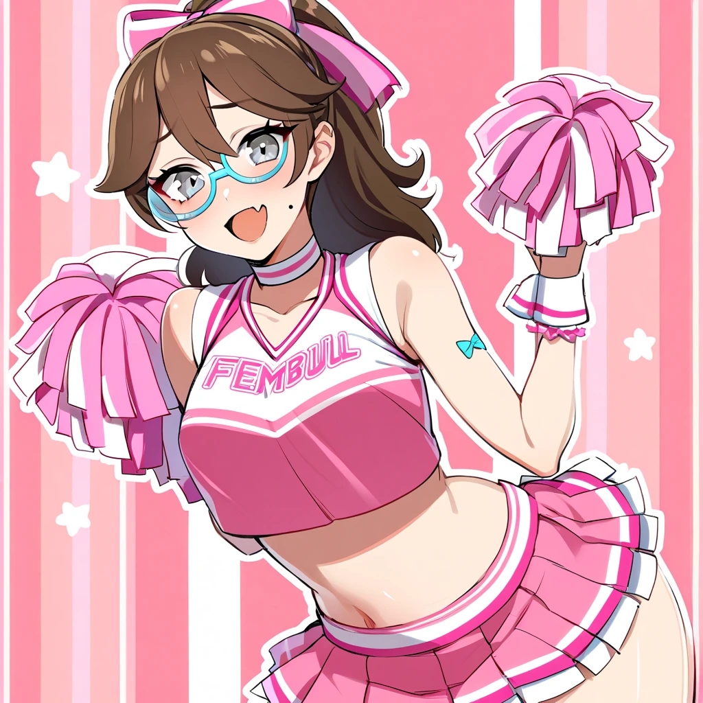 femboy, crossdressing, crossdressing male, feminine male, beautiful femboy, cheerleader, fake chest, choker with star, shoulder straps, large chest, microskirt, erection, cheerful expression, brown hair, ponytail, alone, big circular glasses, mole on face, Skin Fang, blue and pink outfit, silver eyes, hair Bow, crop top,