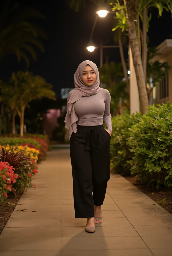 A beautiful Indonesian woman, wearing a tight longsleeve t-shirt, and wearin long coulotte pants, wearing a chiffon hijab, and wearing flat shoes, walking on the sidewalk at night. under garden lights, decorated with colorful flowers. lower wide angle shot. 4k, super high quality, detailed face,