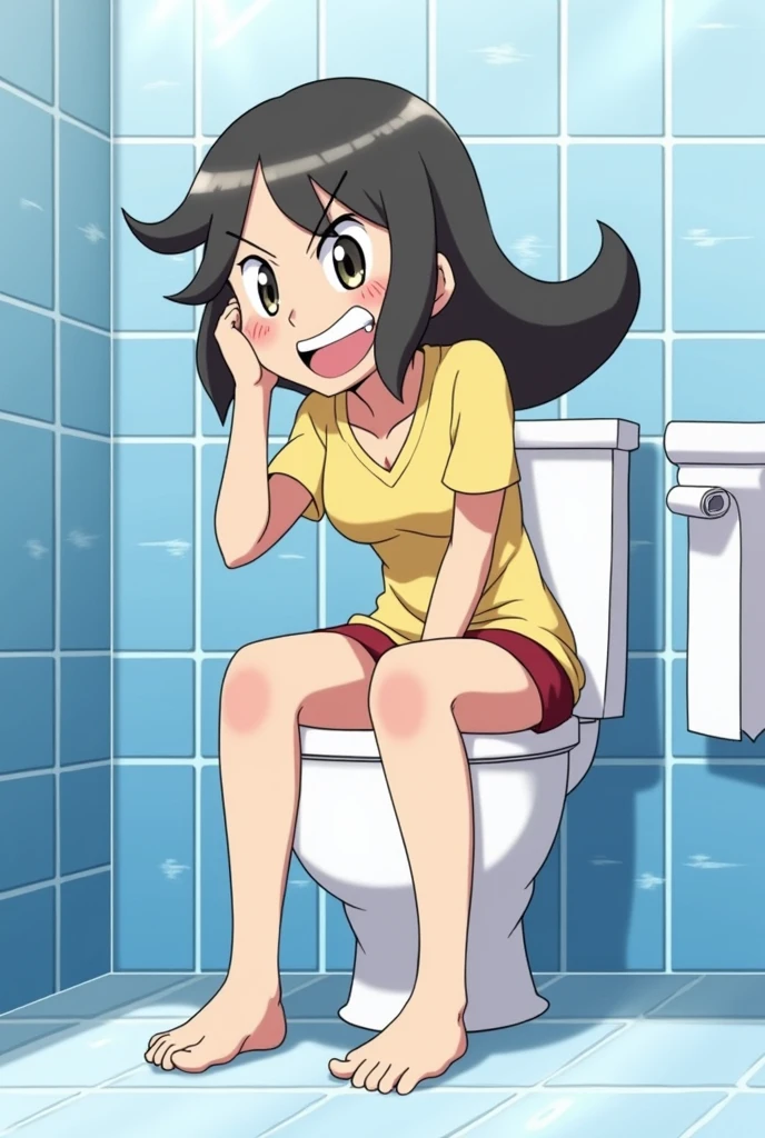 Hilda from pokemon pooping in the toilet with no pants shoes skirt or socks