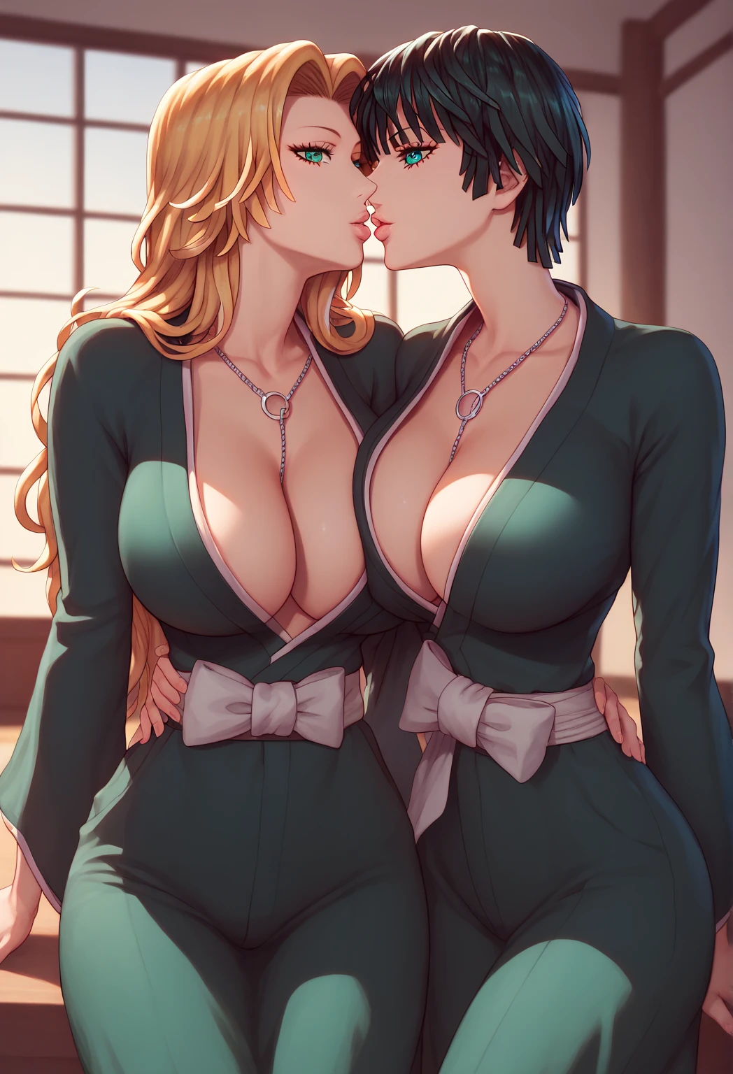 two women kissing each other,matsumoto rangiku and Fubuki kissing each other , matsumoto rangiku,anime,big_chest,girl１people,black shirt,kimono, kimono,waist belt, clavicle, cleavage, jewelry, necklace, blue eyes, Blonde hair,front hair,length_hair,girl1 name, 20 years,young woman,beautiful Finger,beautiful long legs,beautiful body,natural lip,skin luster,looking at the viewer, in the center of the image,Show up to your knees,１in people, highest quality, High resolution, beautiful eyes, very detailed face, Detailed CG, (lively_color:1.2),(beautiful,big_chest:1.4), (beautiful_face:1.5),(narrow_waist), (score_9, score_8_up, score_7_up) 1girl, fubuki (one-punch man) black hair, short hair, tight green dress, long sleeves, collared dress, green eyes, perfect large breasts, view from below, sexy pose, dynamic angle Break, perfect lighting, shadows, bedroom, (beautiful detailed eyes:1.6) , kissing , kissed, kiss
