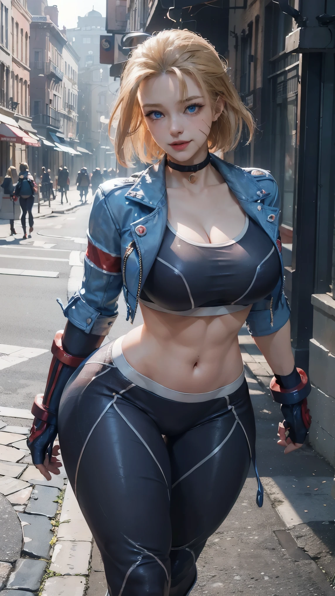 Cammy white,(best qualityer,4K,8k,high resolution,work of art:1.2)(weather: cloudy), Mondstadt streets background, street fight, freckles, sports bra, short sleeve cropped jacket, uncovered belly, tight leggings, red gloves, red boots, cheek scar, short straight hair, blonde hair, ultra detailed, realistic,portraite,beautiful detailed blue eyes, glowing eyes,blush,beautiful detailed lips,extremely detailed eye and face, long eyelashes,sexly,average, large breasts,beaming smile, sexy smile,powerful girl, flirty pose, stunning curves,bright coloured,dramatic lighting, thick thighs,