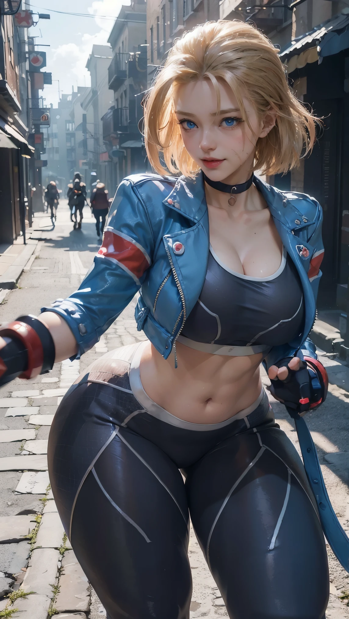 Cammy white,(best qualityer,4K,8k,high resolution,work of art:1.2)(weather: cloudy), Mondstadt streets background, street fight, freckles, sports bra, short sleeve cropped jacket, uncovered belly, tight leggings, red gloves, red boots, cheek scar, short straight hair, blonde hair, ultra detailed, realistic,portraite,beautiful detailed blue eyes, glowing eyes,blush,beautiful detailed lips,extremely detailed eye and face, long eyelashes,sexly,average, large breasts,beaming smile, sexy smile,powerful girl, flirty pose, stunning curves,bright coloured,dramatic lighting, thick thighs,