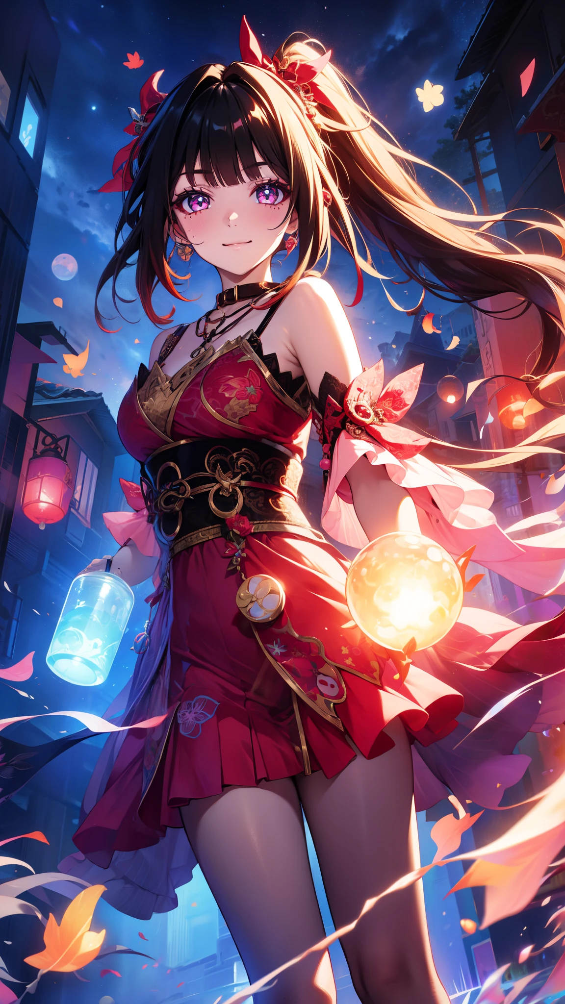 age girl ,obsessed, Have Fun ,in love,(Big white spiral dress ),sparkle, transparent clothes,Exquisite hair accessories, transparent lace ,night,Dress nicely, carved suspenders , slim beautiful face with double ponytail, Black Hair, Blushing, seven-part lens,