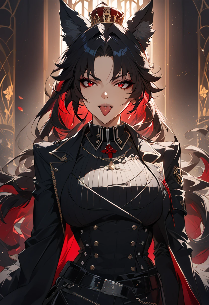 beautiful anime woman wearing a black military trench coat, tight black jeans pants, wolf ears, wolf tail, half wolf and half human, red eye color, black hair in a ponytail, light novel art, detailed anime art, anime, regal, royal, sexy, thicc, beautiful feminine facial features, flirtatious, sultry, slutty, petite, sharp canines, aheago, villain, all black clothing, high quality, very detailed anime art, feminine, slender face, military general vibes, pretty girl, good lighting, close up shot of face, sticking her tongue out expression, lewd, red highlights