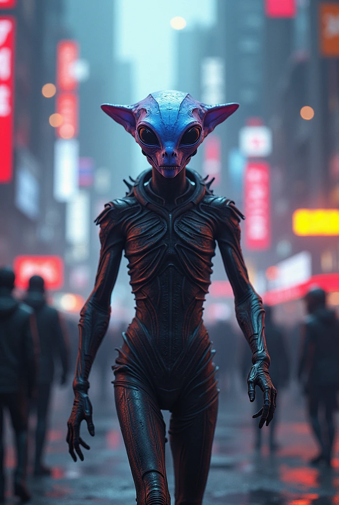 Classic Alien , with high tech suit, in the night ,on the street of a alien city.