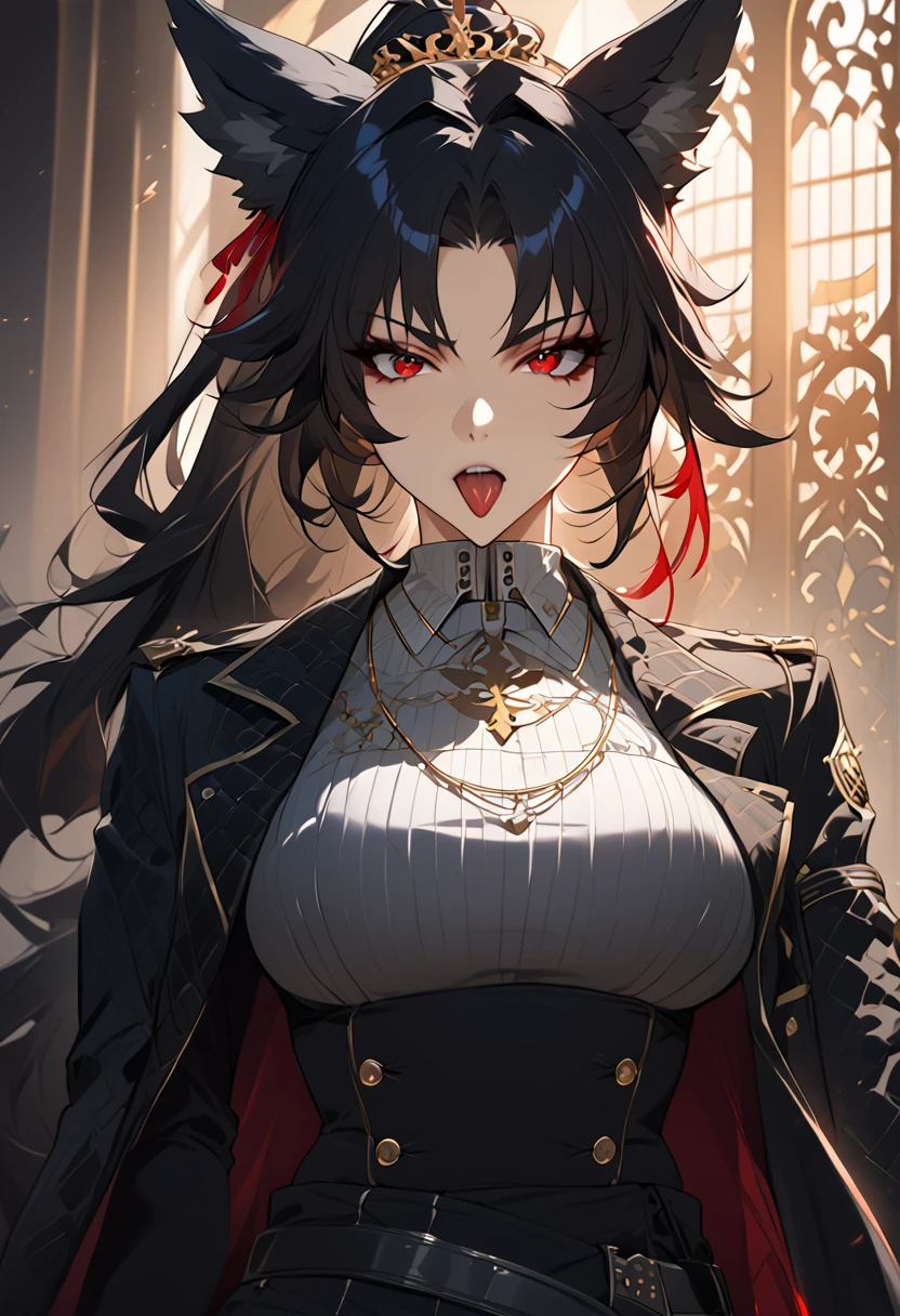 beautiful anime woman wearing a black military trench coat, tight black jeans pants, wolf ears, wolf tail, half wolf and half human, red eye color, black hair in a ponytail, light novel art, detailed anime art, anime, regal, royal, sexy, thicc, beautiful feminine facial features, flirtatious, sultry, slutty, petite, sharp canines, aheago, villain, all black clothing, high quality, very detailed anime art, feminine, slender face, military general vibes, pretty girl, good lighting, close up shot of face, sticking her tongue out expression, lewd