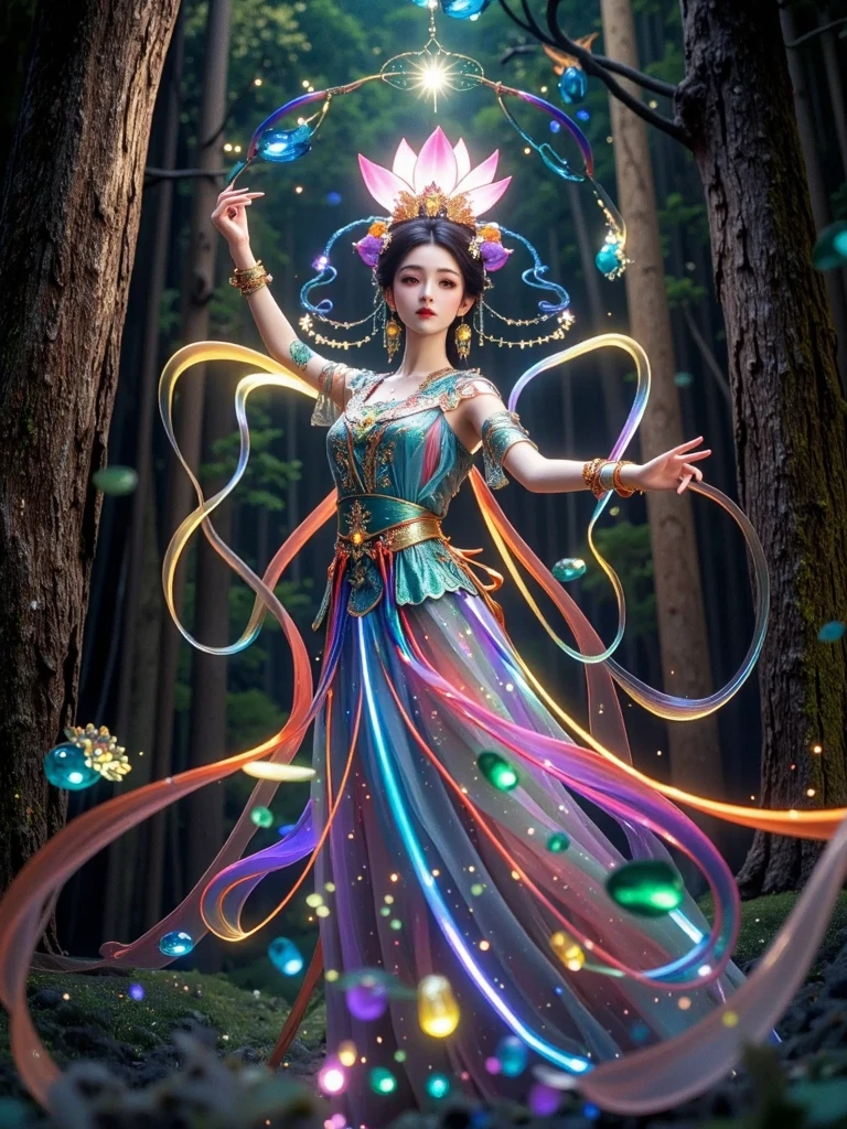 best quality, masterpiece, particles, masterpiece, best quality, 8K, official art, ultra high res, from below, motion blur, film, bokeh, professional, A Hanfu beauty, the Neon Lotus Fairy, dances within a forest of cyber-jade trees, her presence a delicate ballet of light and color amidst the verdant, glowing foliage. Her Hanfu is a gown that captures the serene beauty of a lotus flower with the electrifying energy of neon lights. The fabric is a delicate weave of jade and neon threads, with lotus motifs that seem to bloom and glow with an inner light, a visual representation of the forest's bioluminescent splendor. Her hair, a cascade of lotus-hued locks, is adorned with a headdress that combines the traditional lotus flower crown with the radiant glow of neon petals, a crown that captures the essence of the forest's magical beauty. She is a vision of such enchanting beauty, a living embodiment of the union of nature's tranquility with the vibrant pulse of neon life, Glowing ambiance, enchanting radiance, luminous lighting, ethereal atmosphere, mesmerizing glow, evocative hues, captivating coloration, dramatic lighting, enchanting aura,  masterpiece, top quality, best quality, official art, beautiful and aesthetic, extreme detailed, Action painting, scene,colorful,highest detailed,