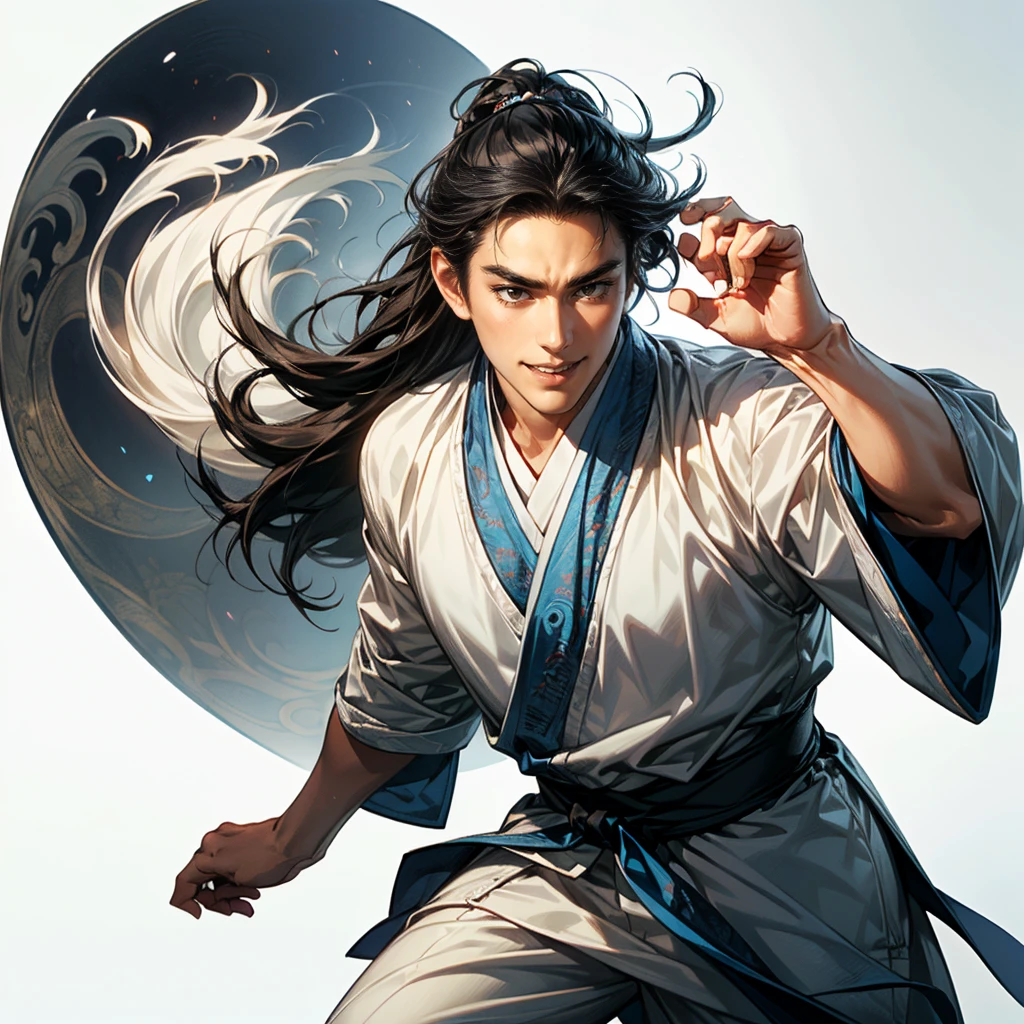 ( best quality,4K,8k, high definition ,masterpiece:1.2),super detailed,(Realistic,photoRealistic,photo-Realistic:1.3),(((1 person))),20-year-old male,Ancient Chinese military strategist:1.2,( long greyish black hair,unkempt hair,good man), slender,(round face:1.3,Round jaw line:1.1), detailed eyes ,Shining Brown Eyes ,look far away, Detailed Face ,(Confident smile:1.3), dynamic lighting,( blue ancient Chinese Hanfu ,white ancient Chinese pants ,Lightly Armed),dynamic pause:1.2, (((The man sticking his arm out to the side , is giving orders to soldiers,perfect hand,5fingers))),(( cowboy shot)),(( white background:1.3,simple background:1.2)),( standing:1.3,wide-angle photo:1.3, candid photo, so you can't see from the tip of the head to above the knee:1.2),from side:1.3