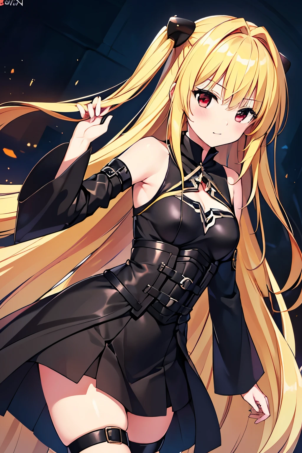 (8k, raw photo, masterpiece, extremely detailed, best quality, professional lighting, high res, clear lines), BREAK beautiful and adorable girl, yami, blonde hair, long hair, two side up, red eyes, thigh strap, very long hair, detached sleeves, black dress, hair ornaments, 153 cm height, 45 kg weight, cool