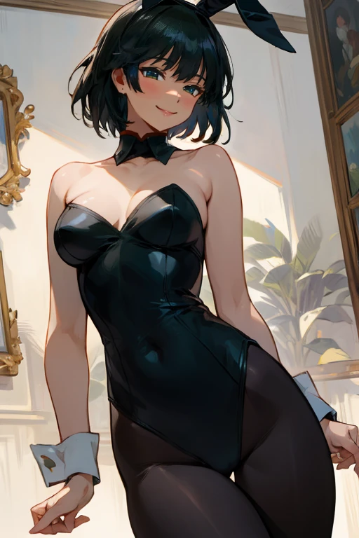 (best quality), [masterpiece], (beautiful:0.8), (cute girl:1.0), [clear and clean], (illustration), (extremely detailed), detailed background, luxurious room, cinematic background, dark background, BREAK

1girl, big breasts, ((sweaty)), ((blush, embarrassed, mouth open)), xiala, clothes_pull, cleavage,rabbit ears, black rabbit ears, fake rabbit ears, pantyhose, black pantyhose, realistic pantyhose, bowtie, wrist cuffs, black leotard, clavicle,short hair,black hair,nude
