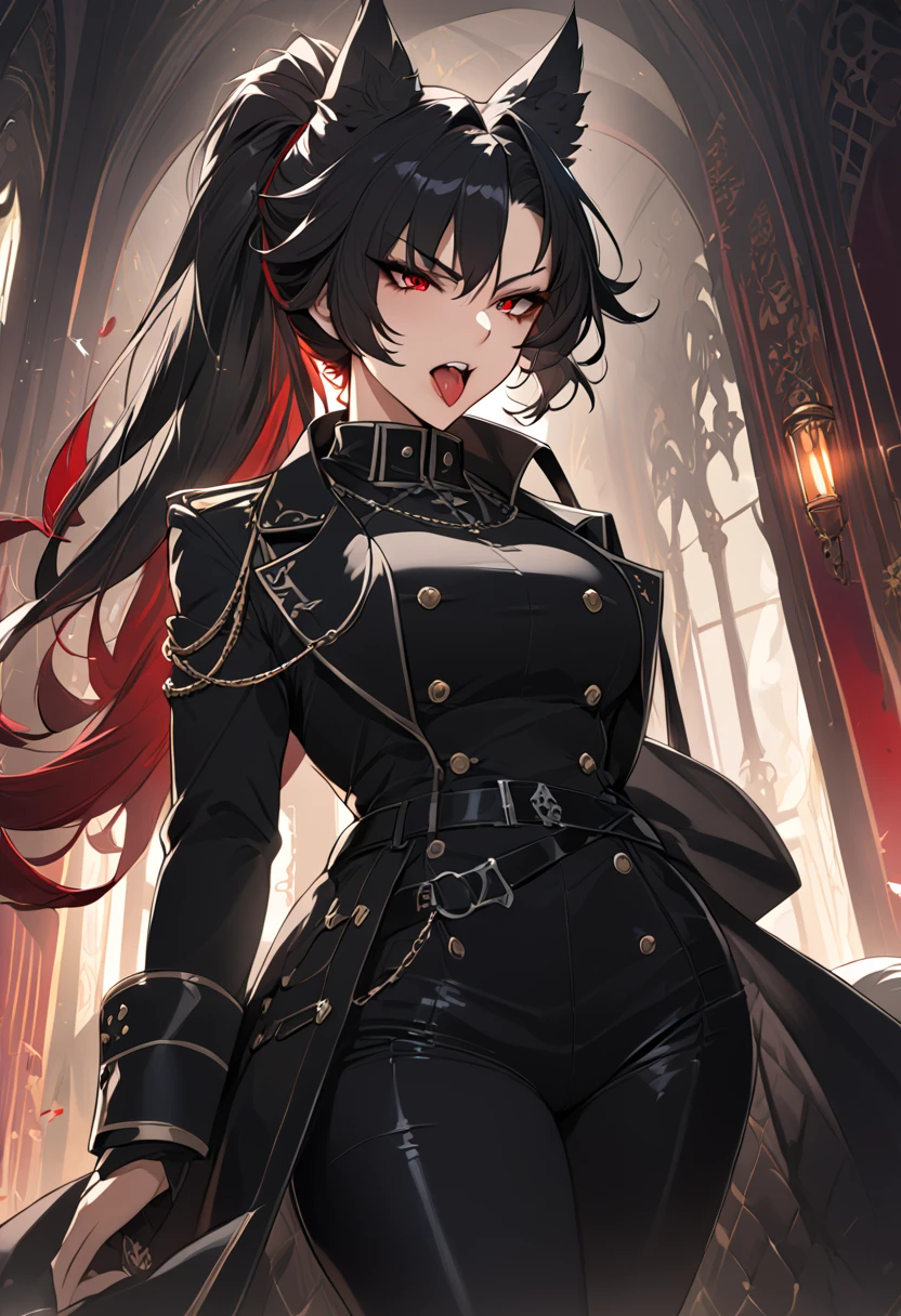 beautiful anime woman wearing a black military trench coat, tight black jeans pants, wolf ears, wolf tail, half wolf and half human, red eye color, black hair in a ponytail, light novel art, detailed anime art, anime, regal, royal, sexy, thicc, beautiful feminine facial features, flirtatious, sultry, slutty, petite, sharp canines, aheago, villain, all black clothing, high quality, very detailed anime art, feminine, slender face, military general vibes, pretty girl, good lighting, close up shot of face, sticking her tongue out expression, lewd, red highlights