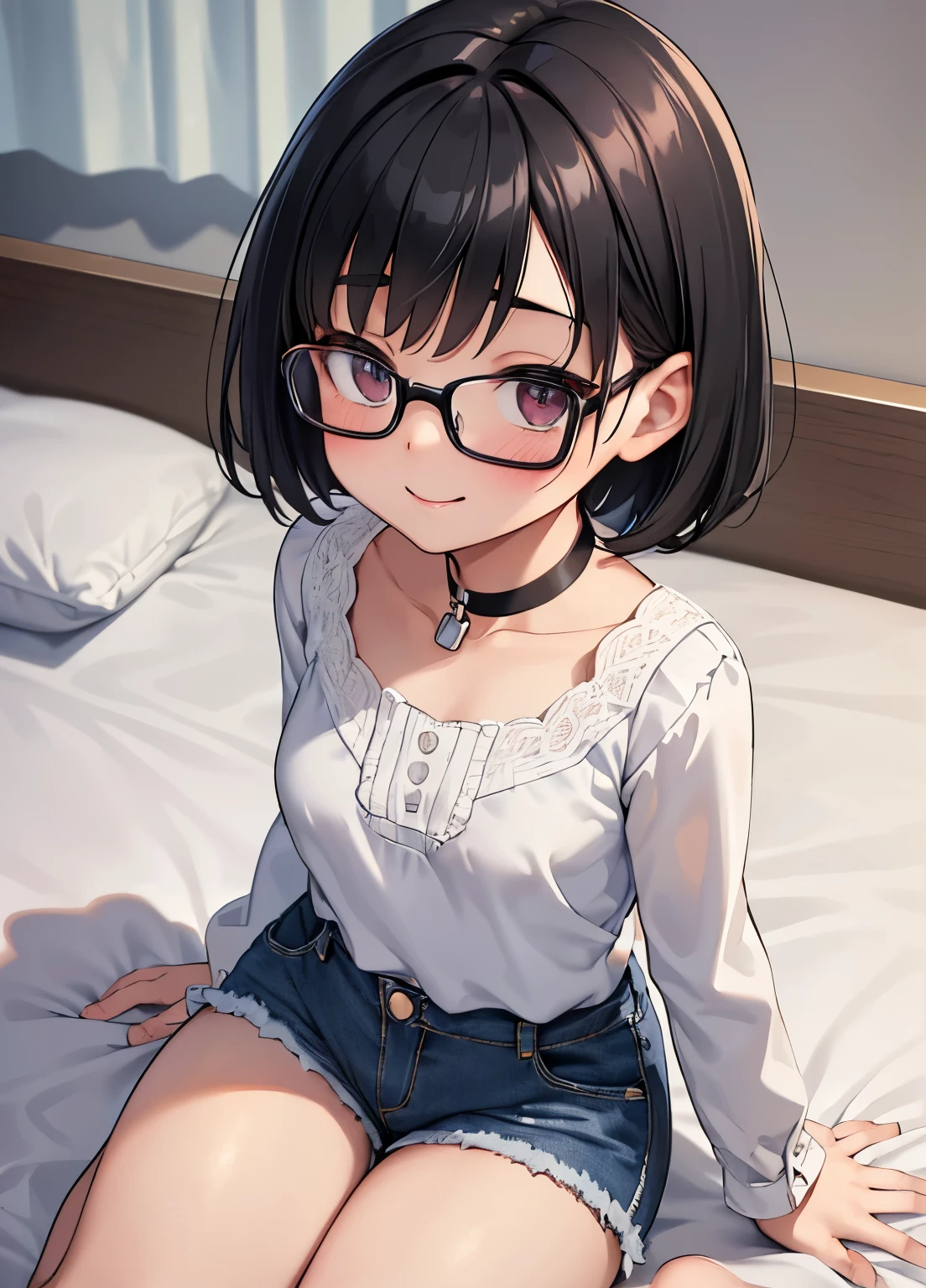(masutepiece, Best Quality, Capture super cute moments, depth of fields, ultra-detailliert, Ultra High Resolution, C4D, Octadale, 3D Modeling, 8K, 16 K, one girls、a junior high school student、A dark-haired、short-hair、straight haired、one eye closed、hair adornments、wearing black glasses、A smile、cute face)、outside of house、campsite、hammock、Are sleeping
