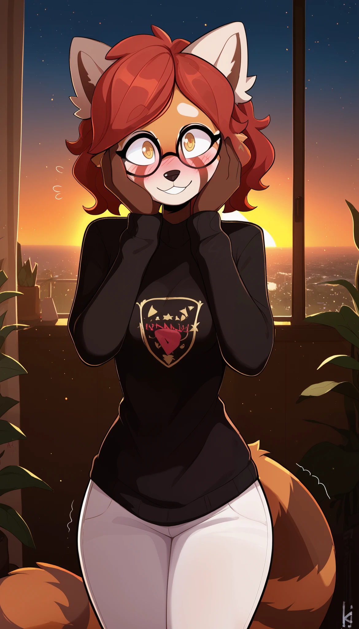 masterpiece, best quality, cute expression, shy expression, 1girl, anthro, furry, fur, fluffy fur, red panda girl, furry, red panda ears, animal nose, cute eyes, yellow eyes, red panda tail, red hair, medium hair, wavy hair, solo, (apartment), (baggy eyes), sunset, detailed, black sweater, white pants, shy smile, awkward smile, head tilt, teenager (19 years), medium breast, thick thighs, hips, glasses, blush, looking at the viewer, (kilinah), light particles, hands on face, trembling, open legs, score_9, score_8_up, score_7_up, score_6_up, score_5_up, score_4_up