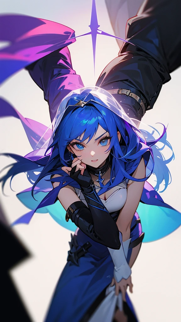 Harpie one_girl Gothic blue eyes The inside of the hair is blue Fleeting Belt on torso Black hood Japanese anime hand drawn illustration