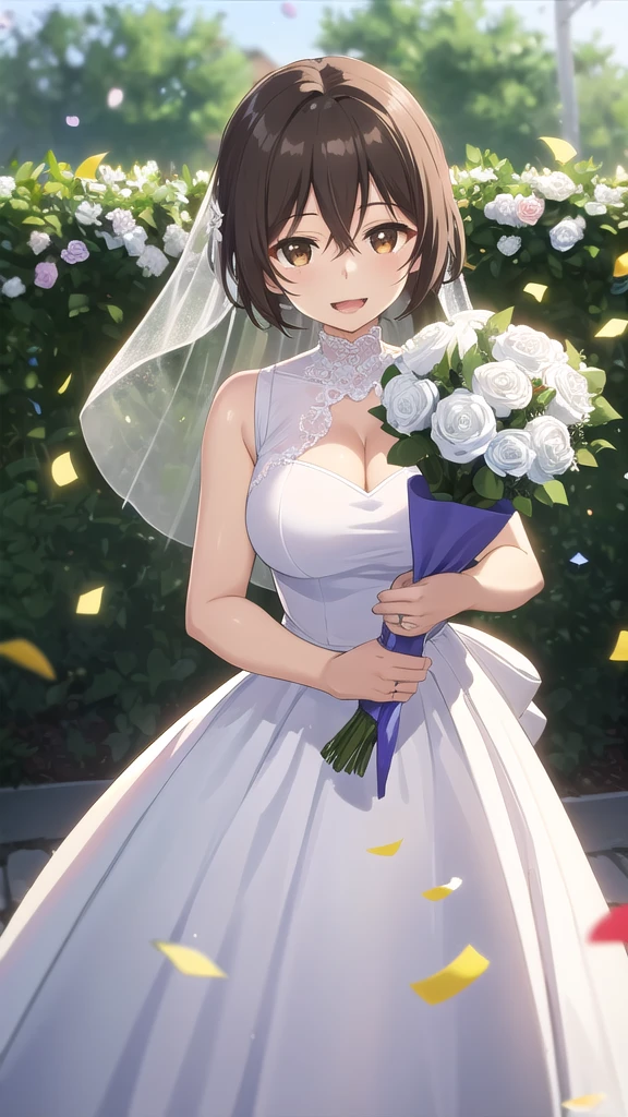 masterpiece, best quality, high quality, girl, solo, looking at viewer, mizuto_irido, brown eyes, brown hair, hair between eyes, large breasts, wedding Dress, standing, garden, confetti, holding bouquet, smile, open mouth,